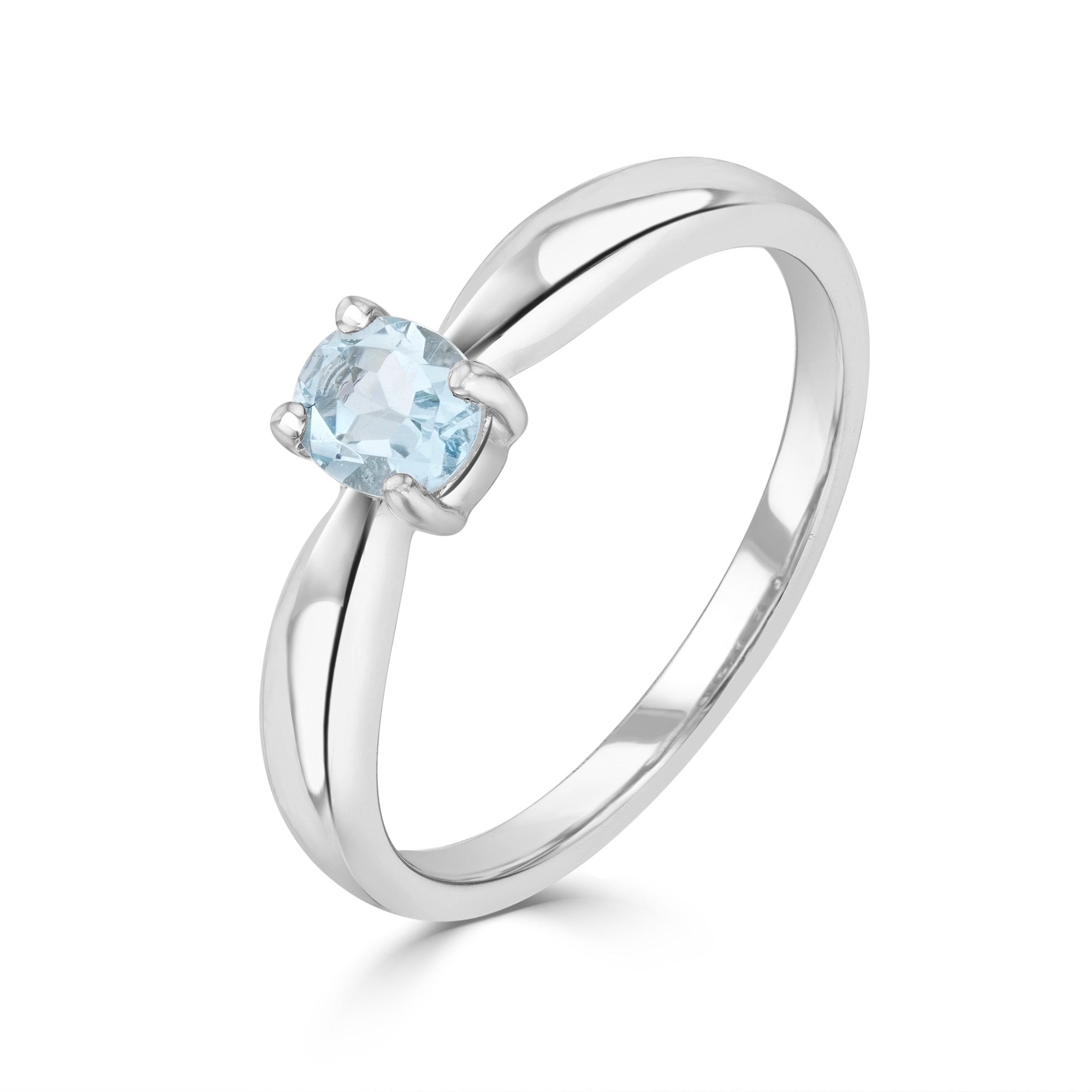 9CT WG 5X4MM OVAL AQUA 4 CLAW SINGLE STONE RING
