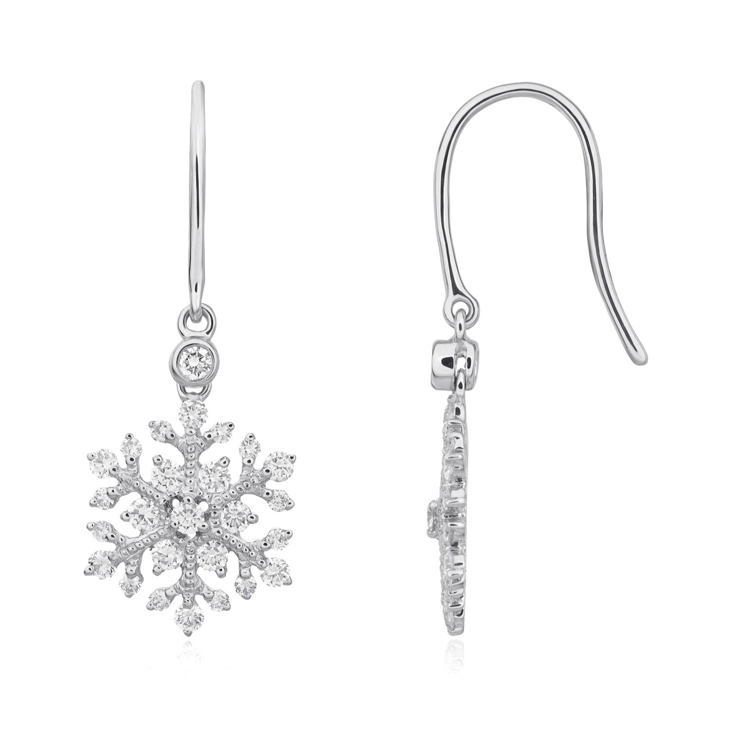 18CT WG DIAMOND SET SNOWFLAKE DROP EARRINGS ON HOOK WIRE