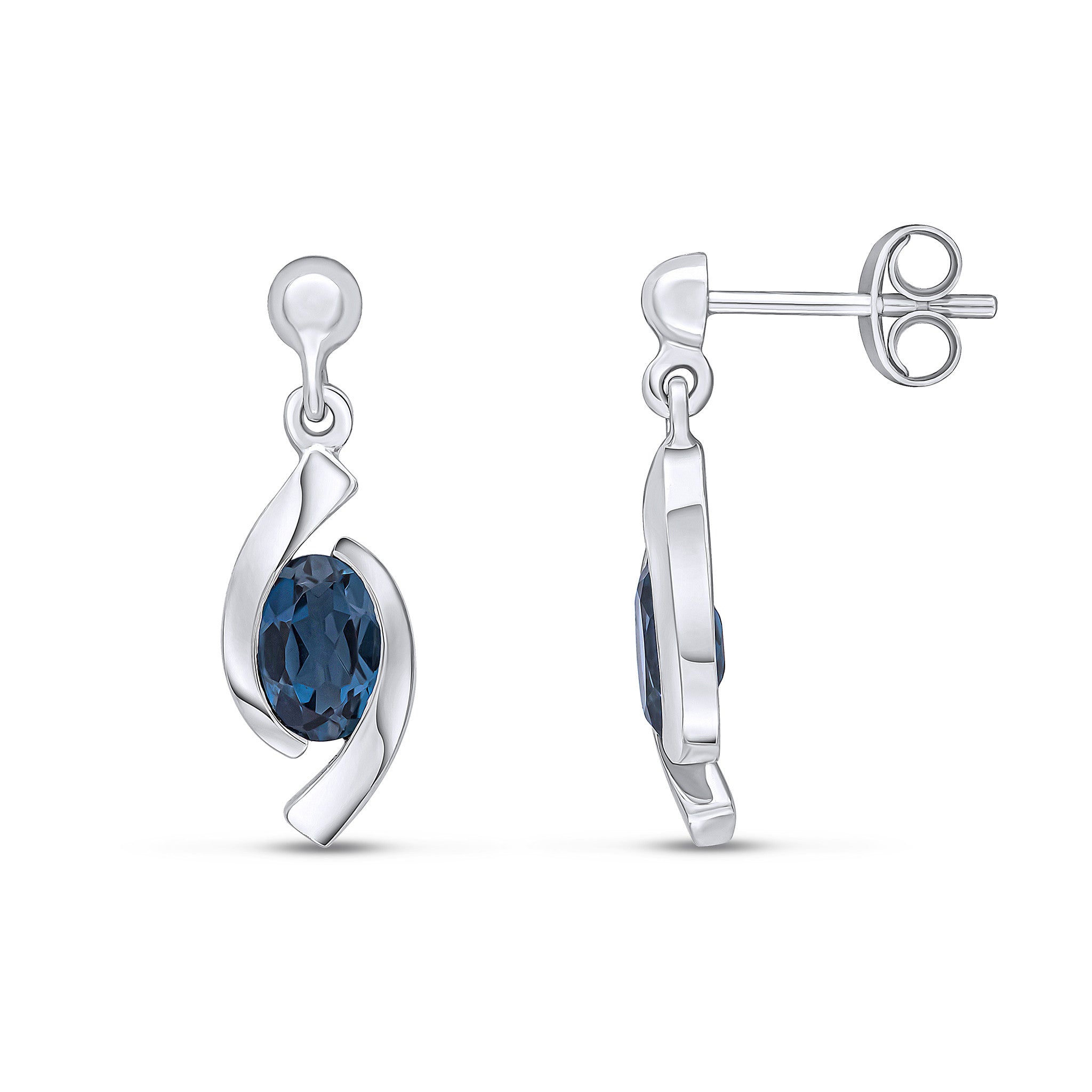 9CT WG OVAL LONDON BLUE TOPAZ 'EYE' DROP EARRINGS WITH 3MM BEAD TOP
