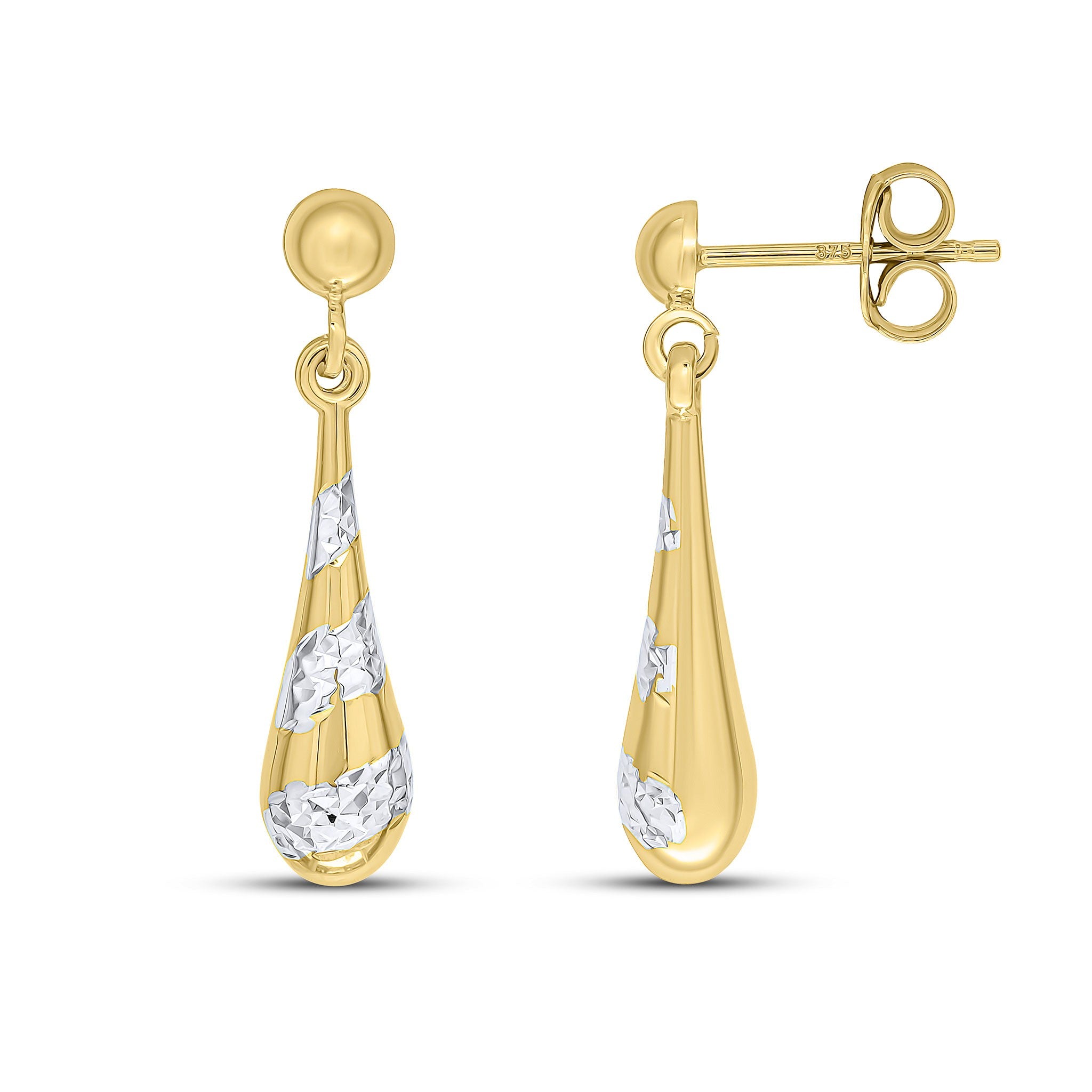 9CT YELLOW AND WHITE GOLD POLISHED AND DIAMOND CUT STRIPED TORPEDO DROP EARRINGS