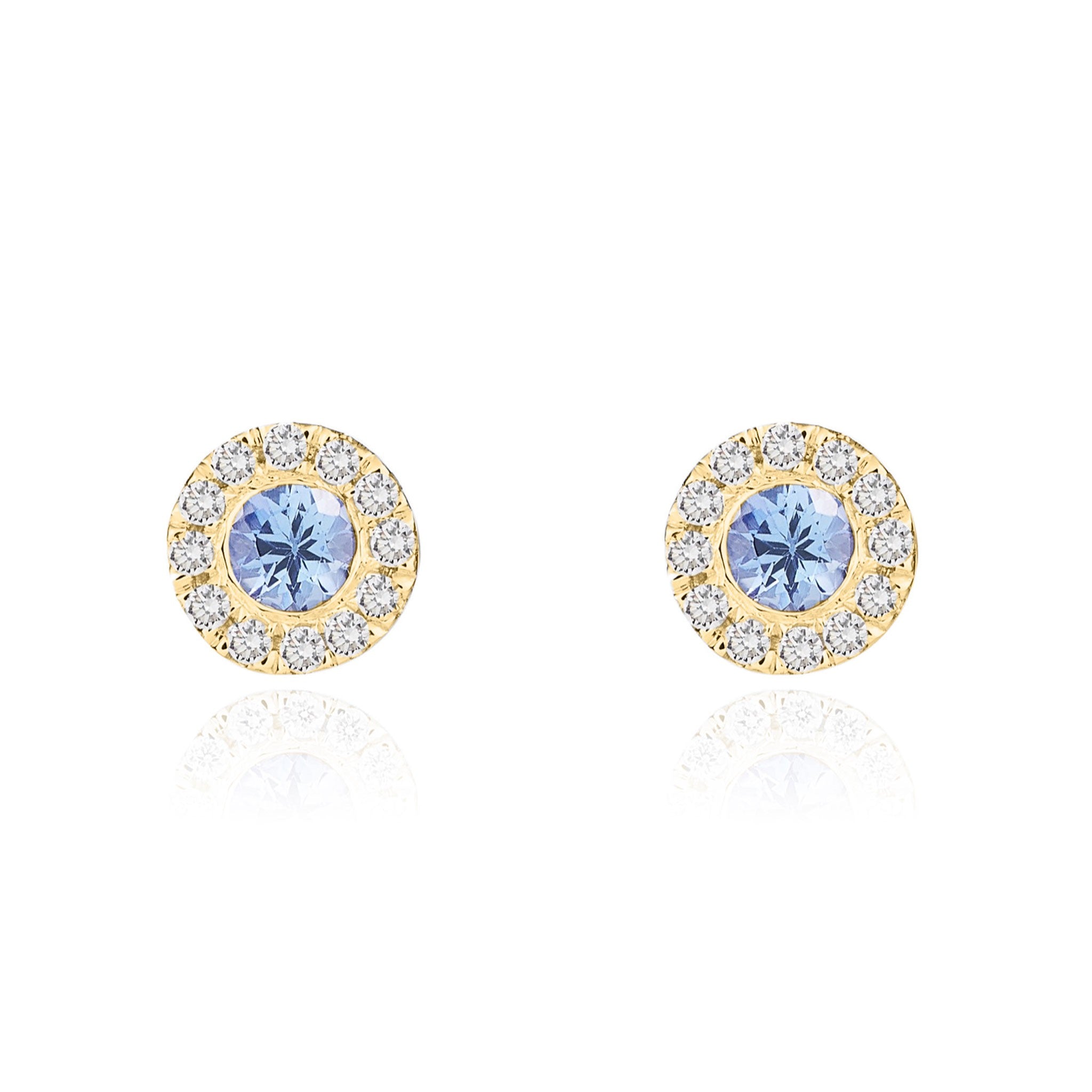 18CT YG 3MM ROUND TANZANITE AND DIAMOND MICROSET CLUSTER EARRINGS