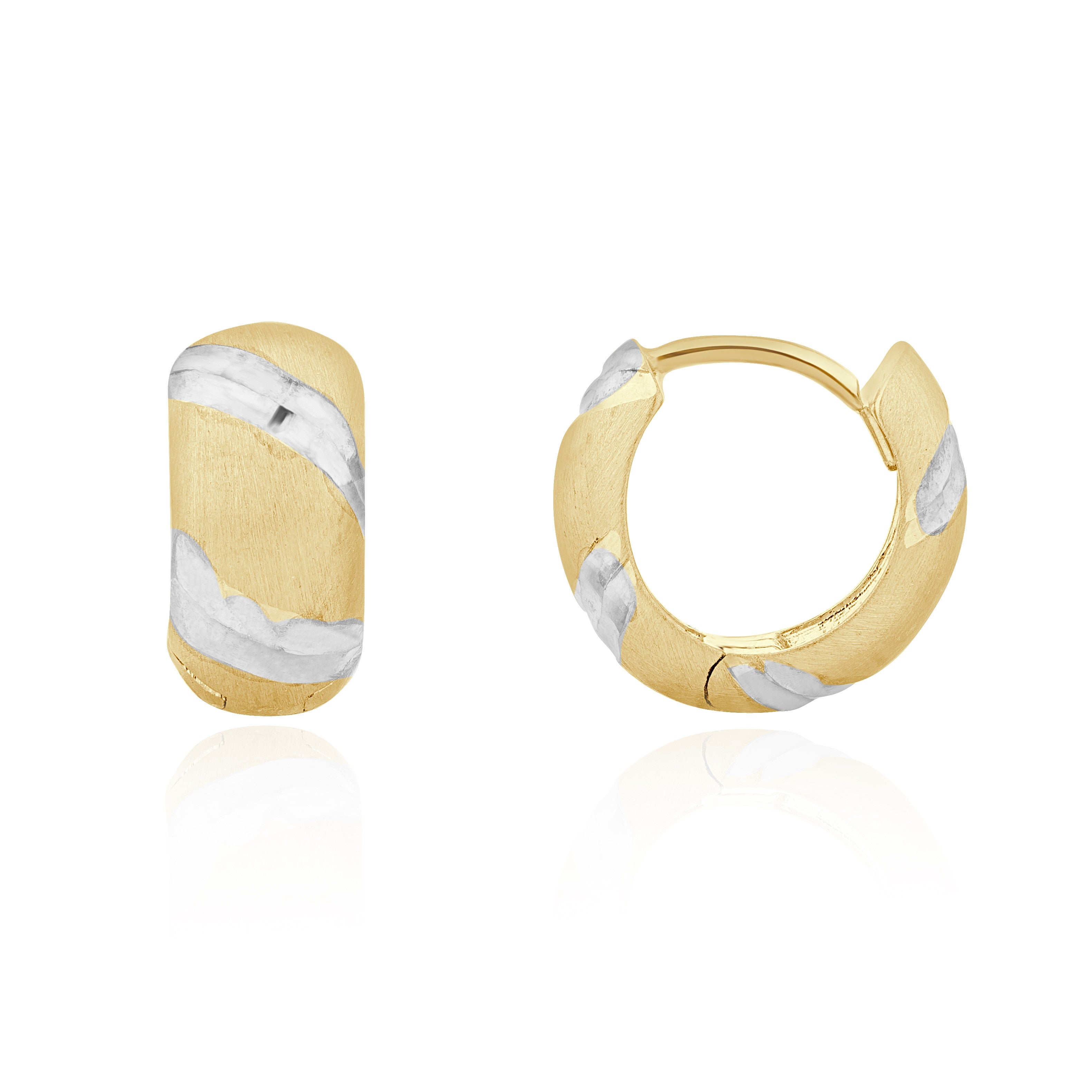 9CT YELLOW AND WHITE GOLD SATIN AND DIAMOND CUT STRIPED HINGED HUGGY EARRINGS