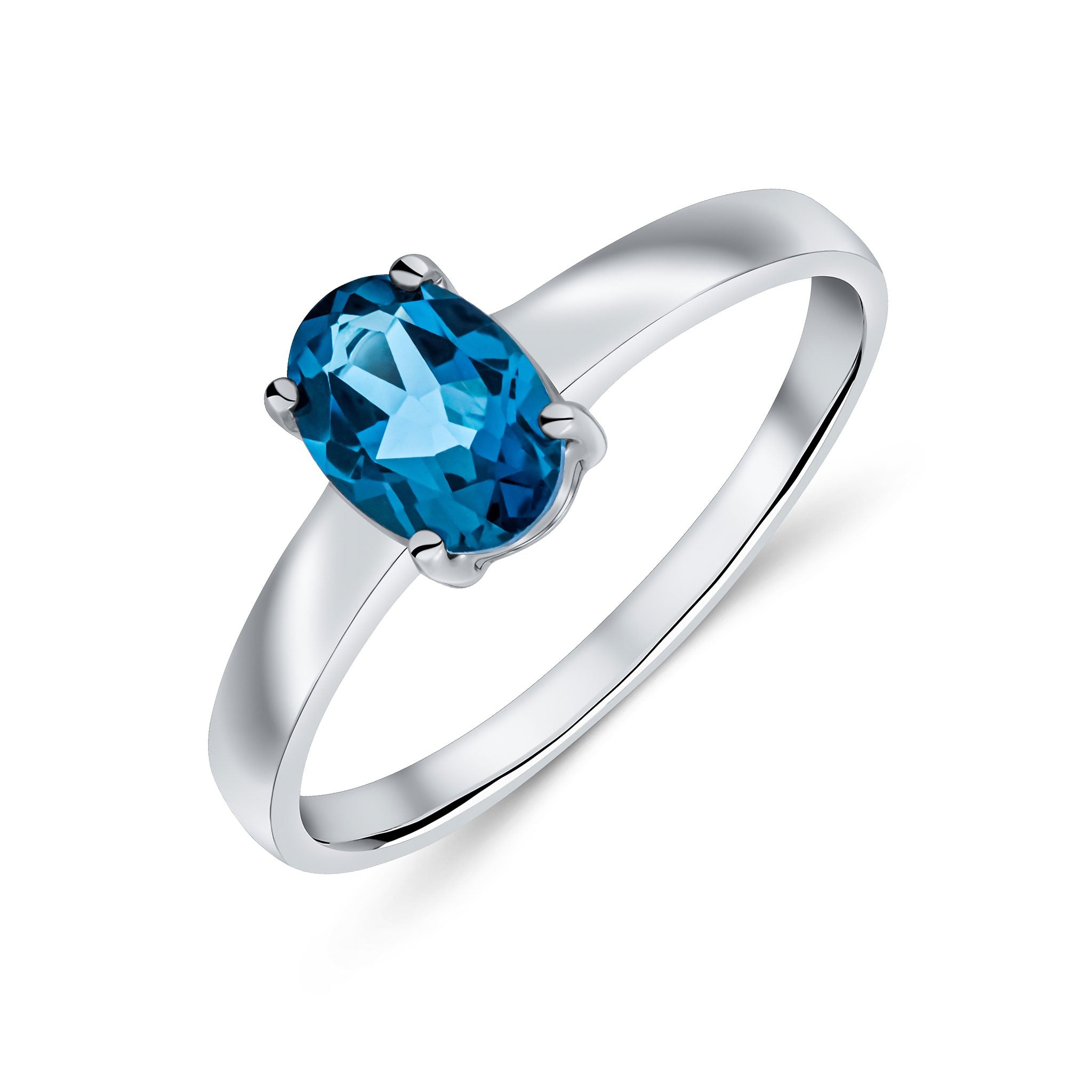 9CT WG 7X5 OVAL LONDON BLUE TOPAZ 4 CLAW SINGLE STONE RING