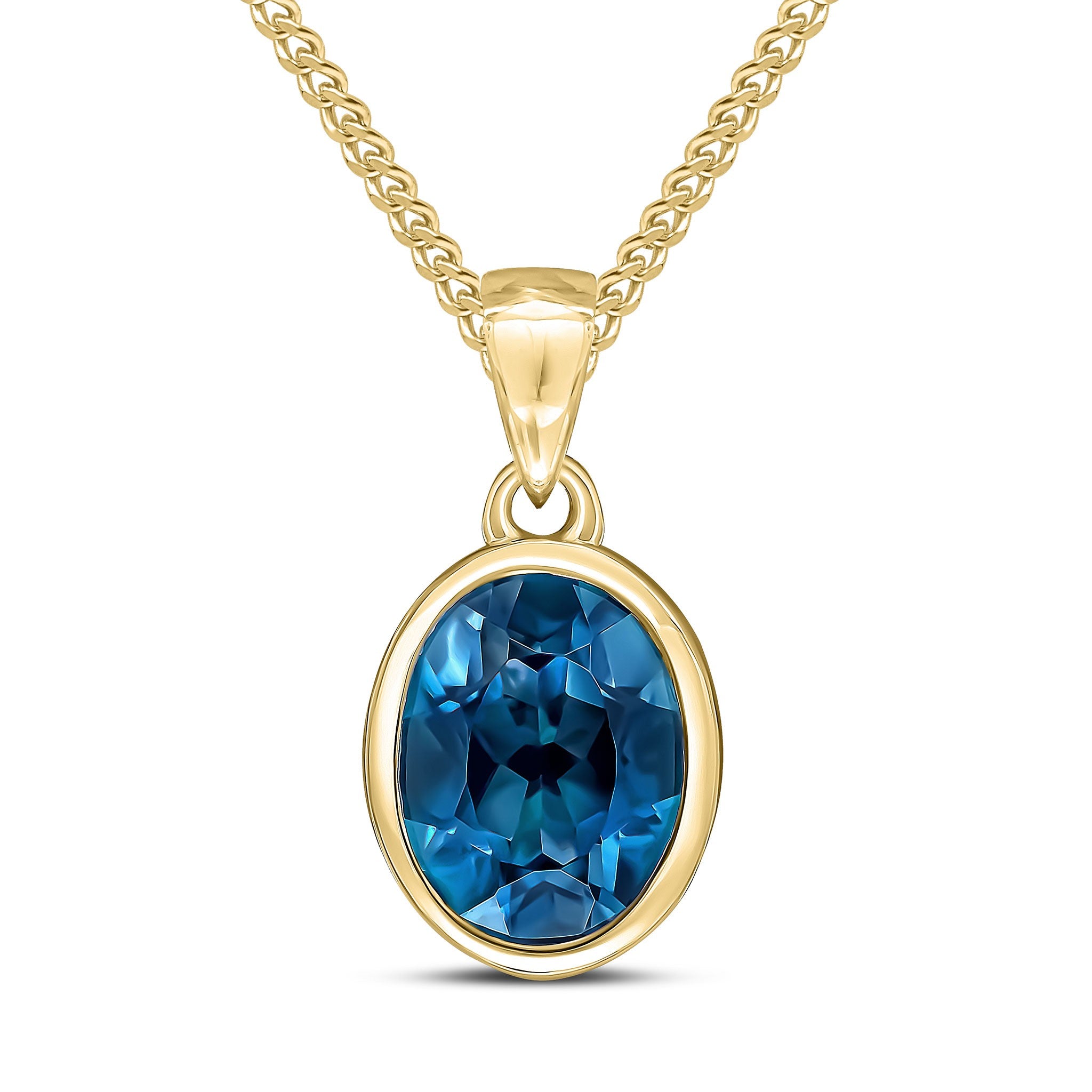 9CT YG 9X7MM OVAL LONDON BLUE TOPAZ SINGLE STONE RUBOVER PENDANT WITH PLAIN LOOP