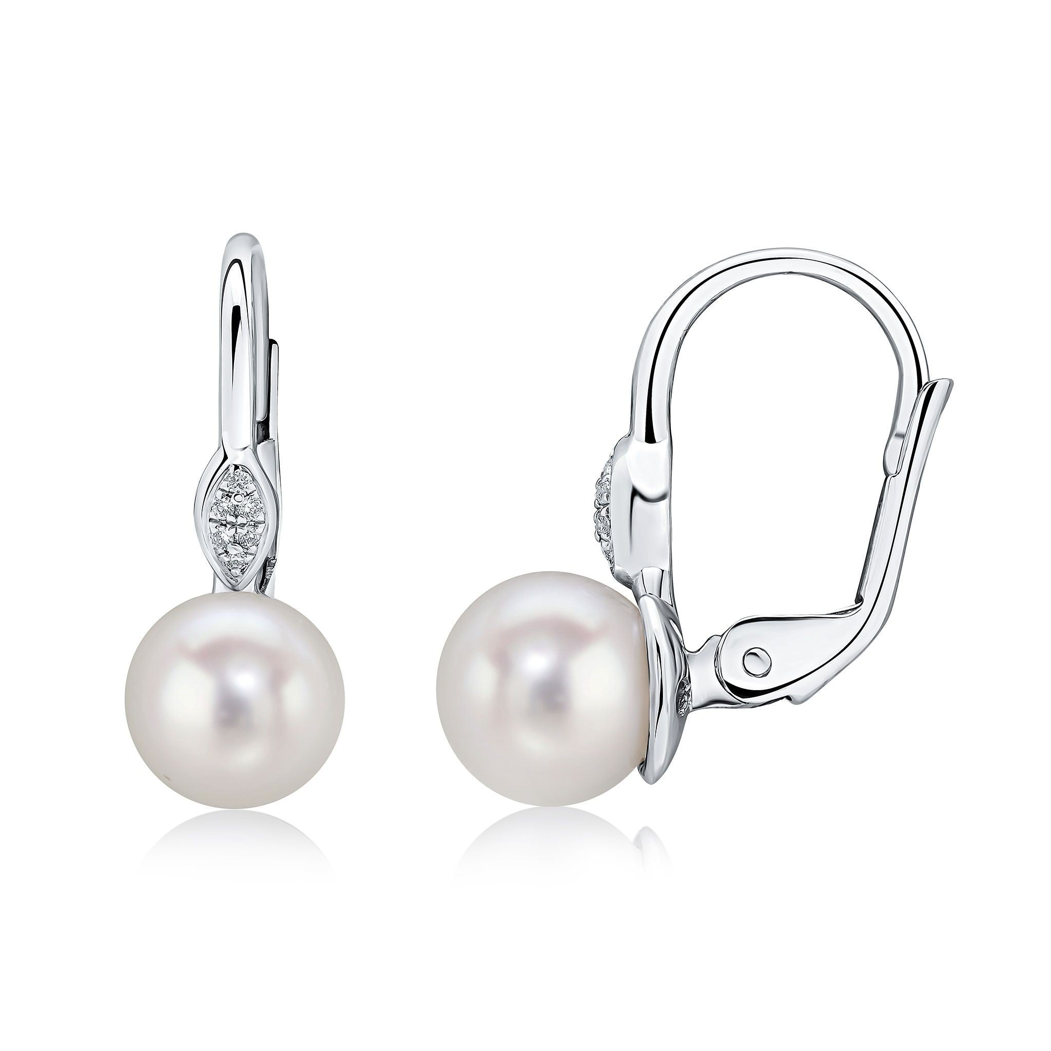 18CT WG ROUND CFW PEARL & PAVE DIAMOND MARQUISE TOP HOOK EARRINGS