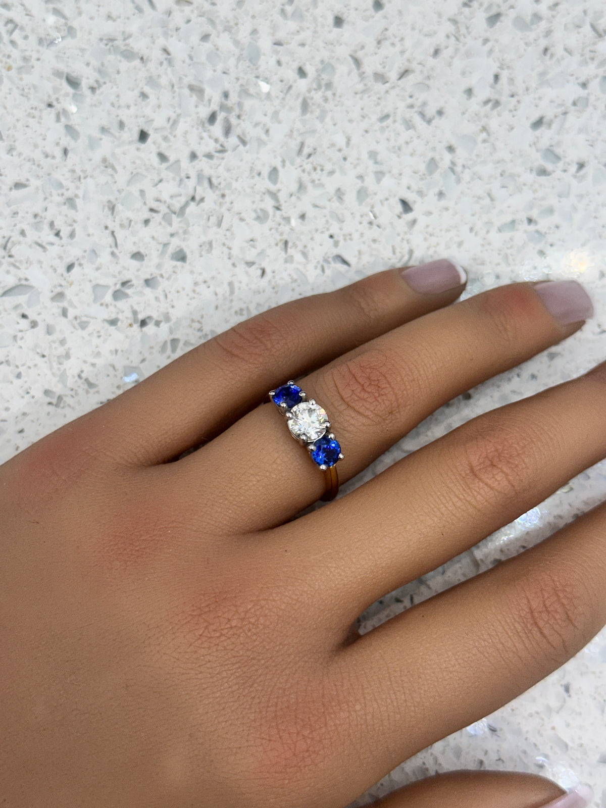 18ct Yellow Gold Platinum head Blue Sapphire & Diamond Trilogy/3 Stone Ring