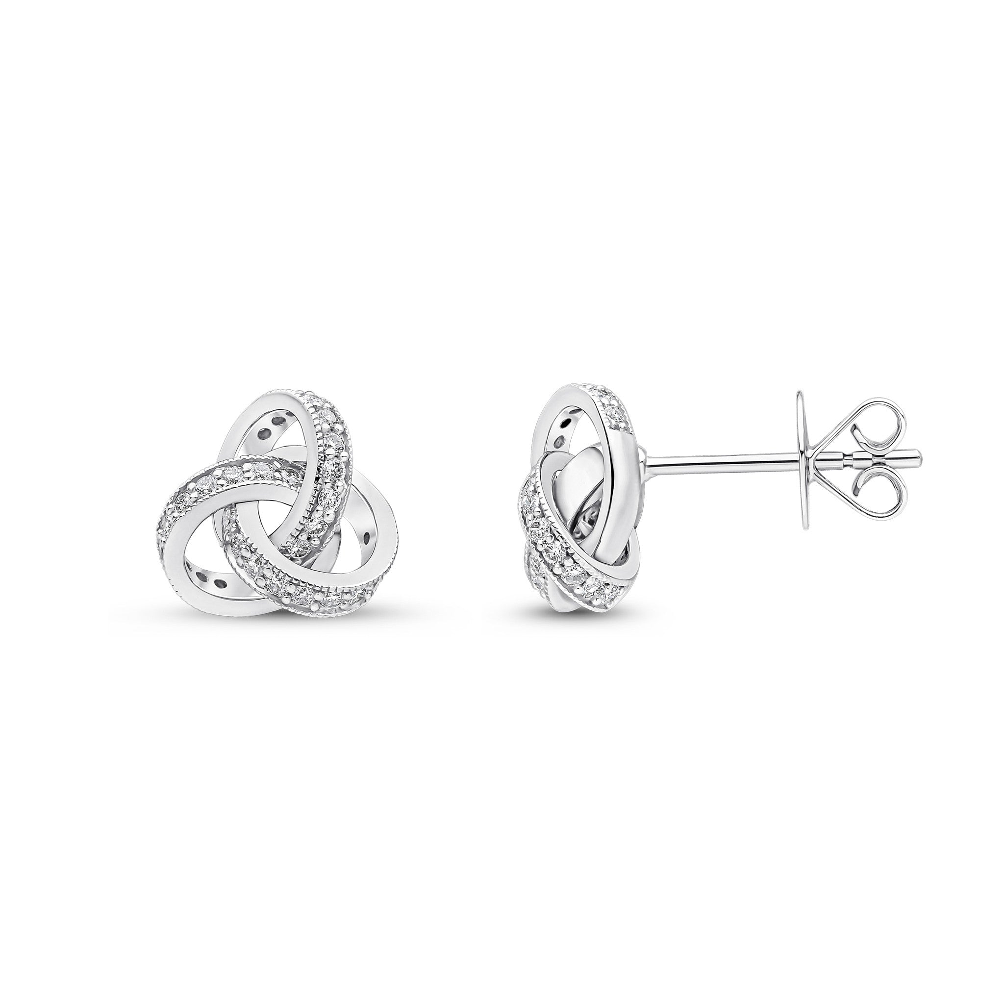 18CT WHITE GOLD ROUND DIAMOND GRAIN SET KNOT STUD EARRINGS.SMALL