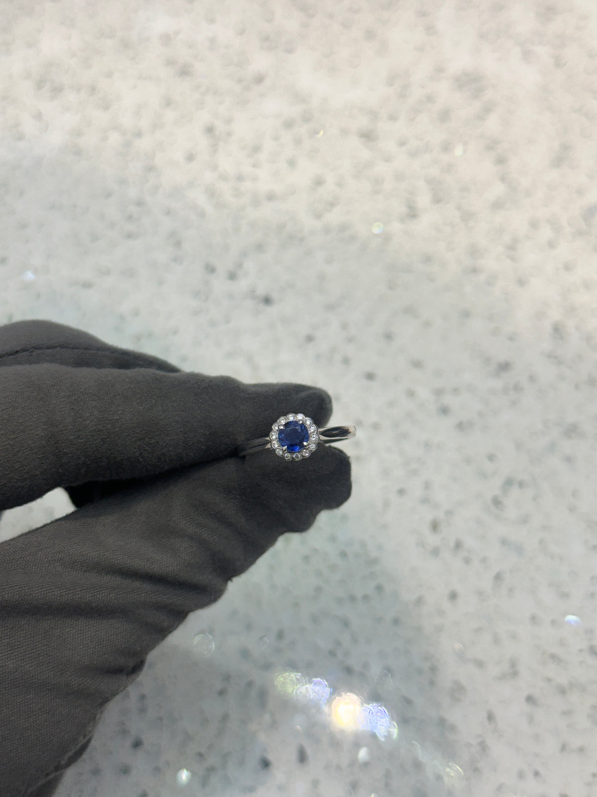 18ct White Gold Blue Sapphire & Diamond Halo Ring