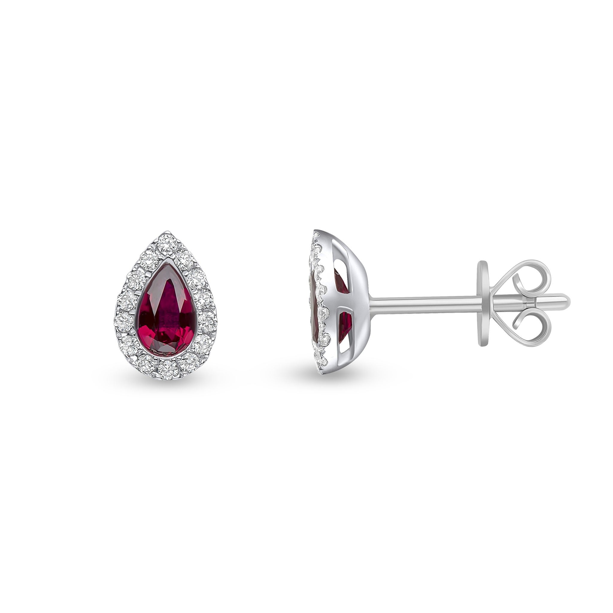 18CT WG 5X3 PEARSHAPE RUBY & DIAMOND MICROSET CLUSTER EARRINGS