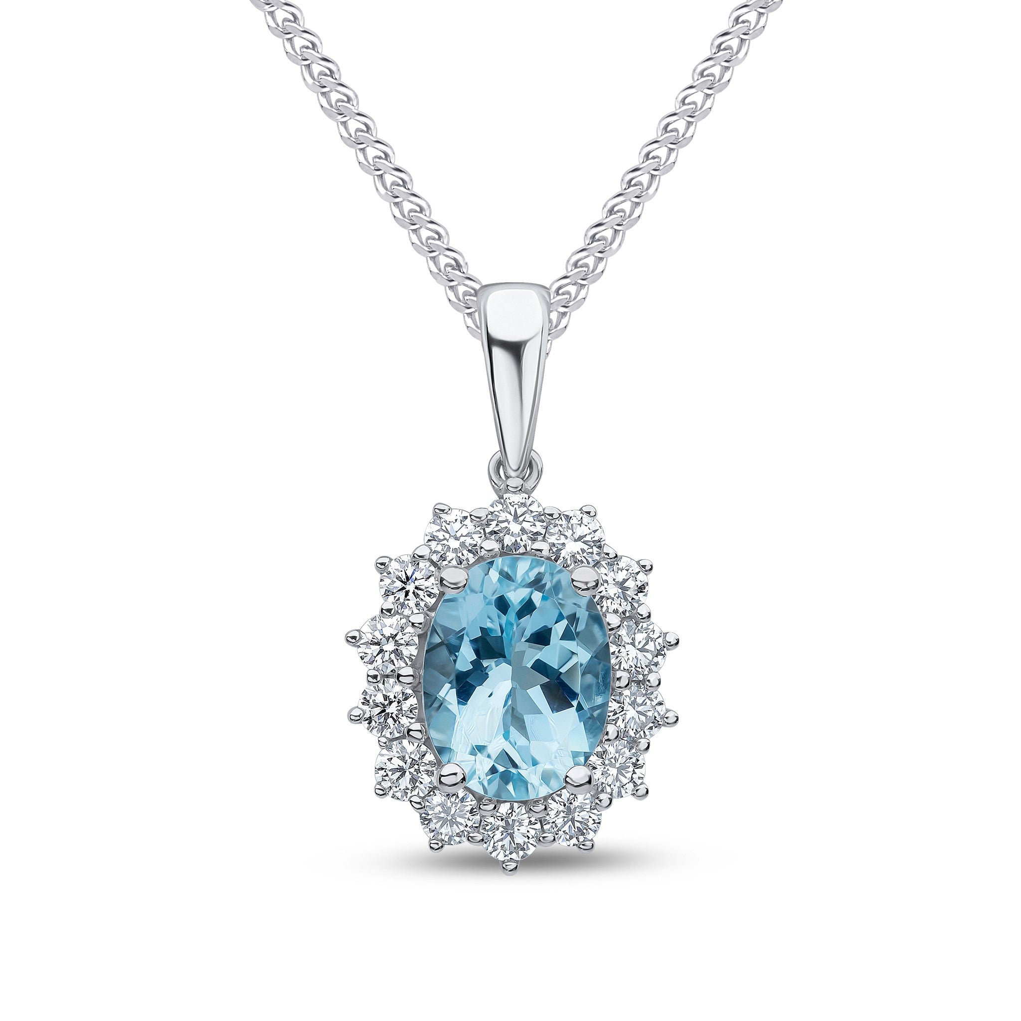 18CT WG 9X7 OVAL AQUA AND DIAMOND CLAW CLUSTER PENDANT WITH A PLAIN LOOP TOP