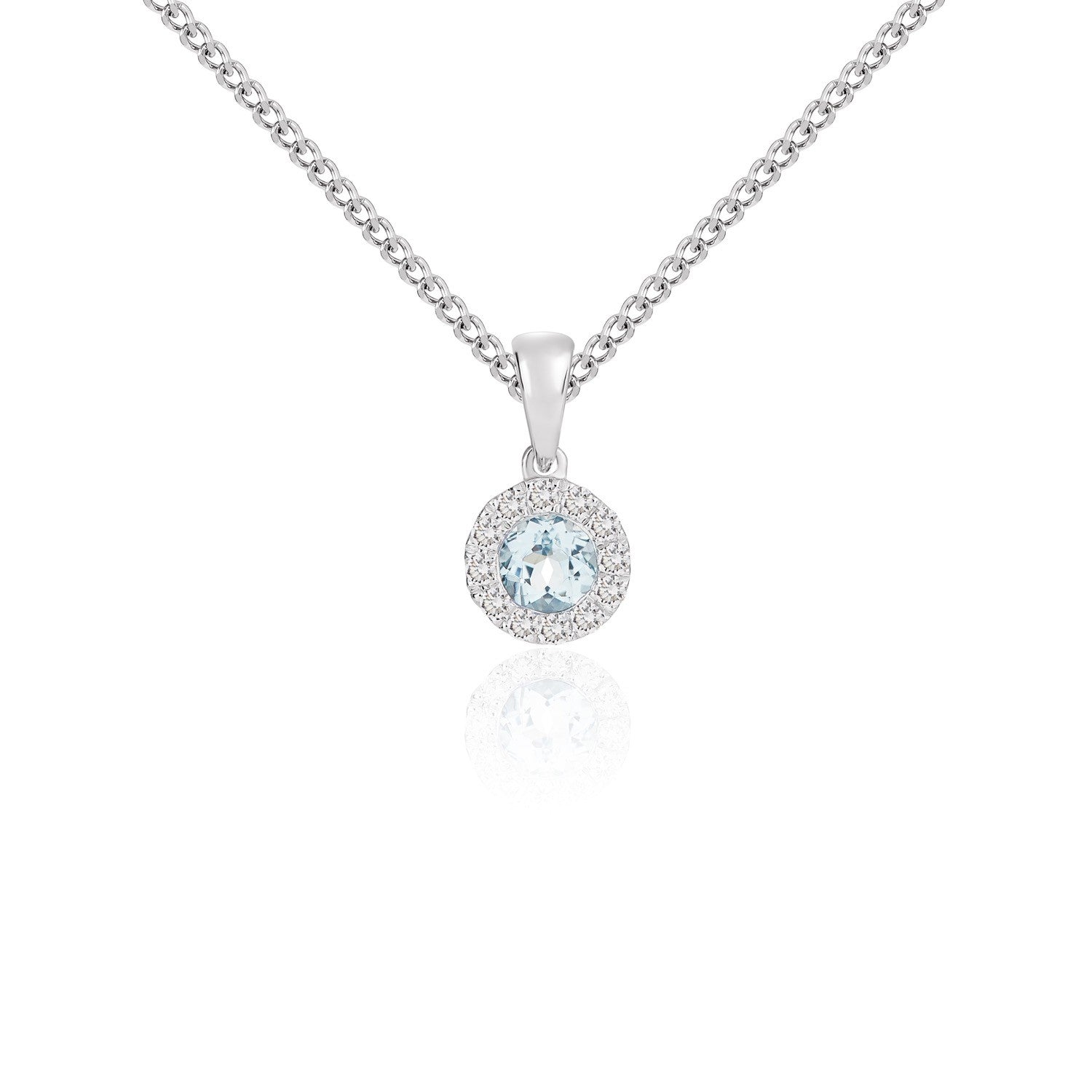 18CT WG 4MM ROUND AQUA AND DIAMOND MICROSET CLUSTER PENDANT WITH PLAIN LOOP