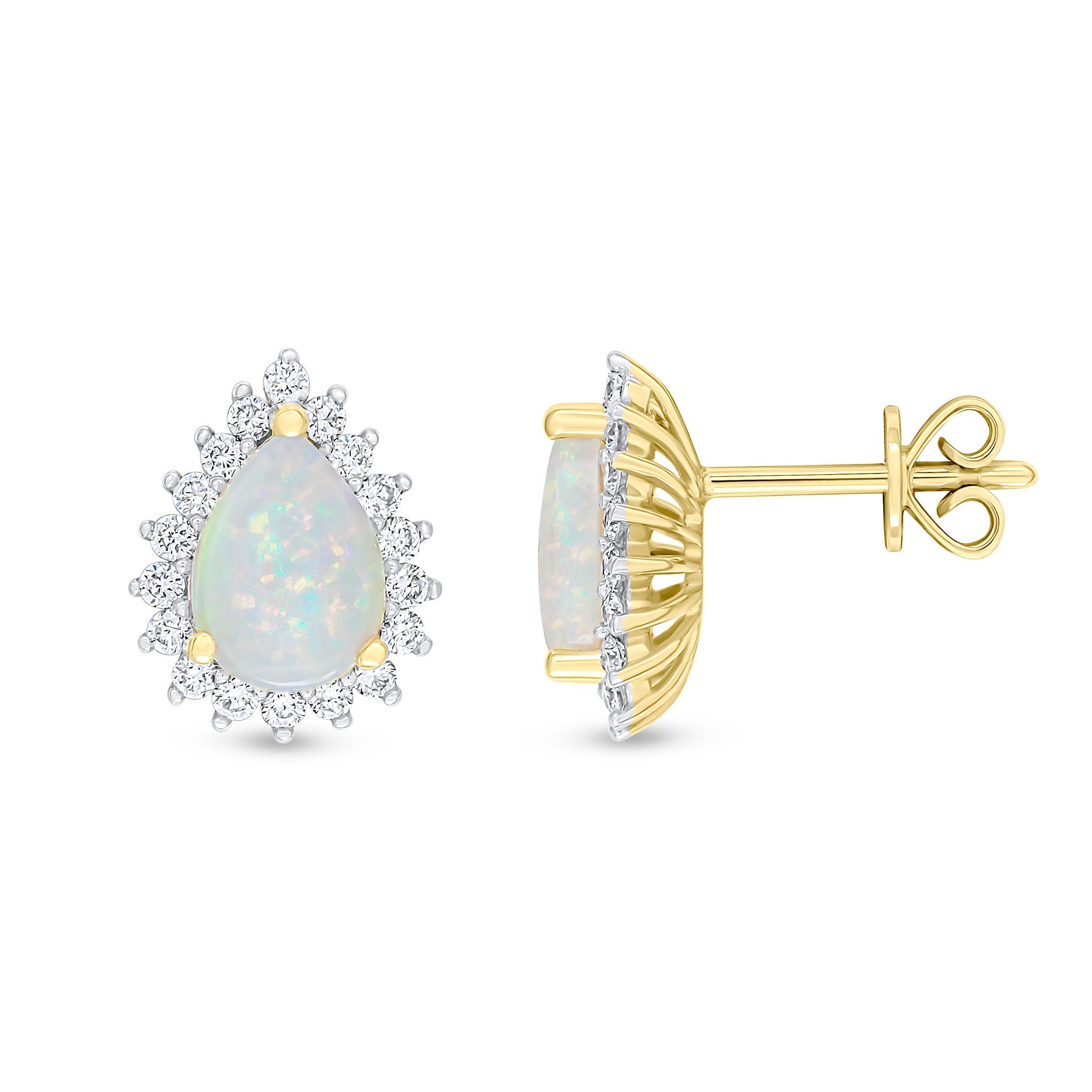 18CT YG 8X6MM PEARSHAPE OPAL & DIAMOND CLAW SET CLUSTER EARRINGS. RHODIUM TO DIAMONDS