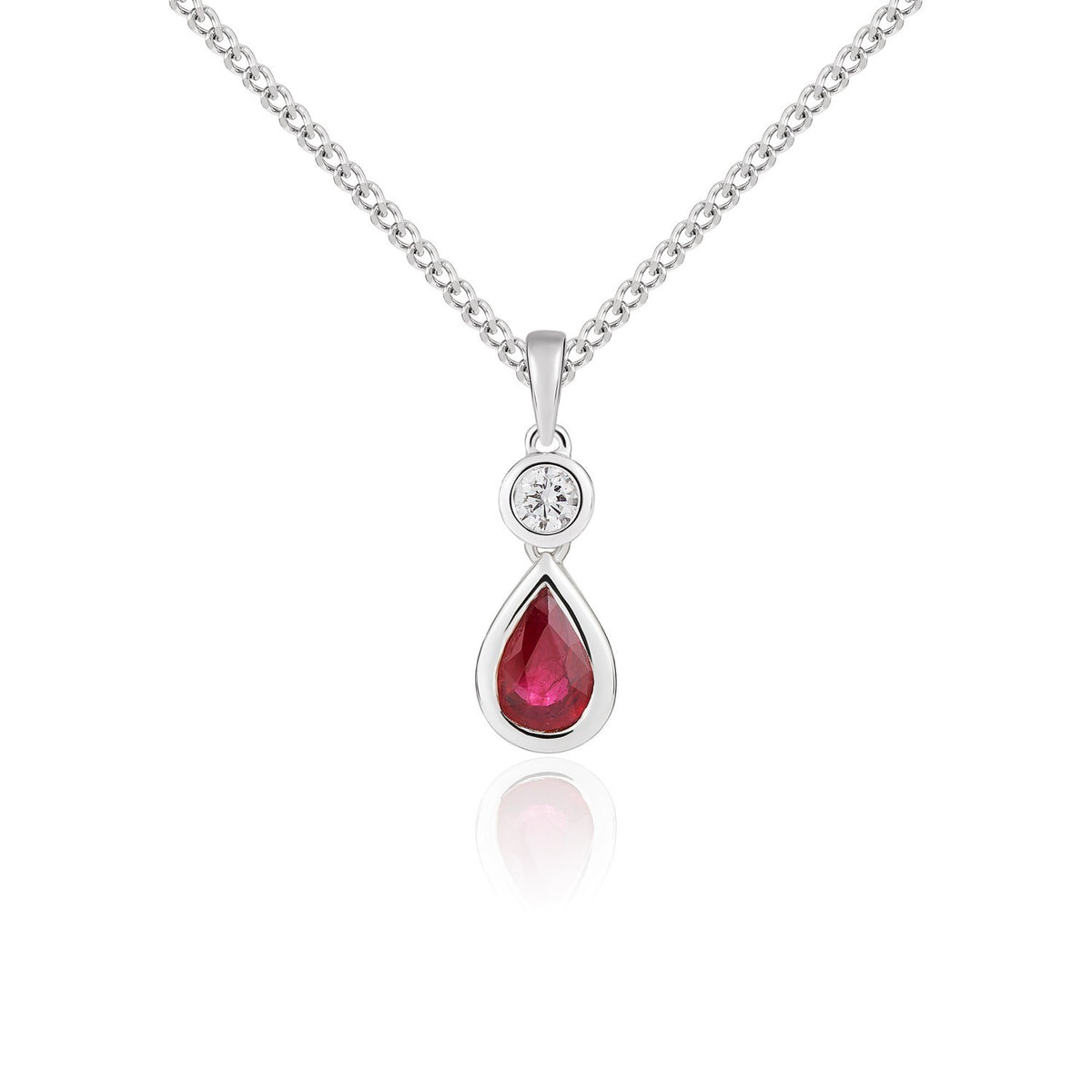 18CT WG PEARSHAPE RUBY AND ROUND DIAMOND 2ST RUBOVER PENDANT