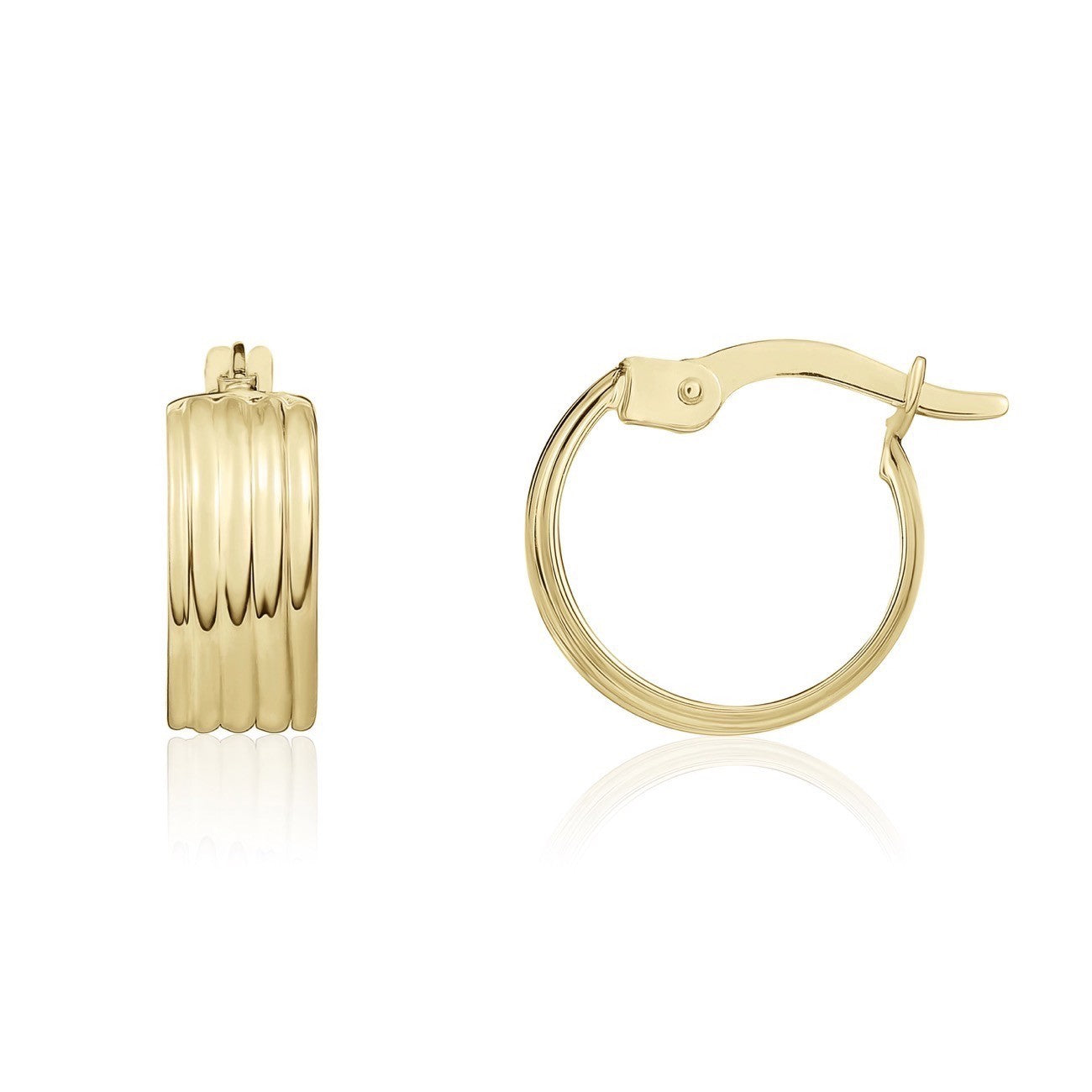 9CT YELLOW GOLD RIBBED 5MM WIDE SMALL HOOP EARRINGS. 12MM OUTER DIAMETER