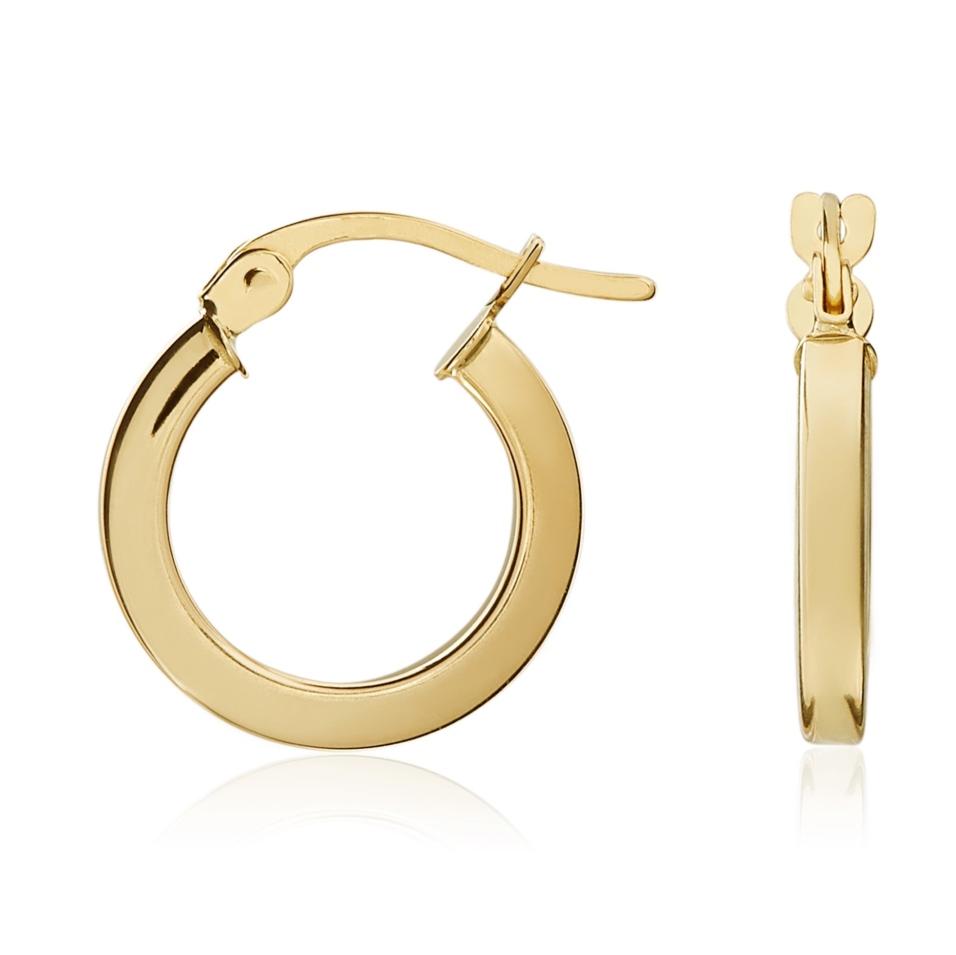 18CT YELLOW GOLD 2MM SQUARE TUBE ROUND HOOP EARRINGS. 14MM DIAMETER
