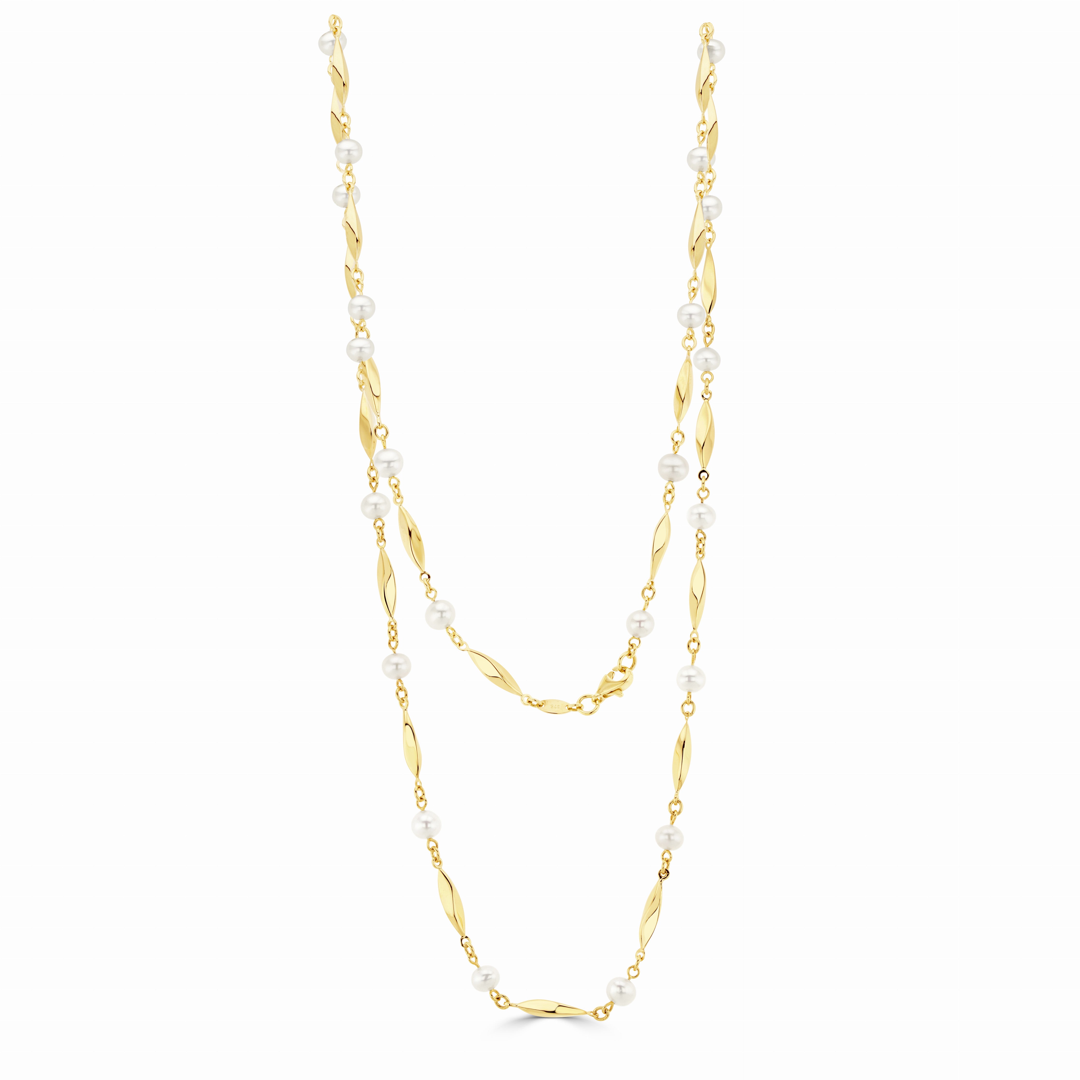 9CT YELLOW GOLD POLISHED TWIST BAR AND CULTURED FRESHWATER PEARL NECKLACE. 24"