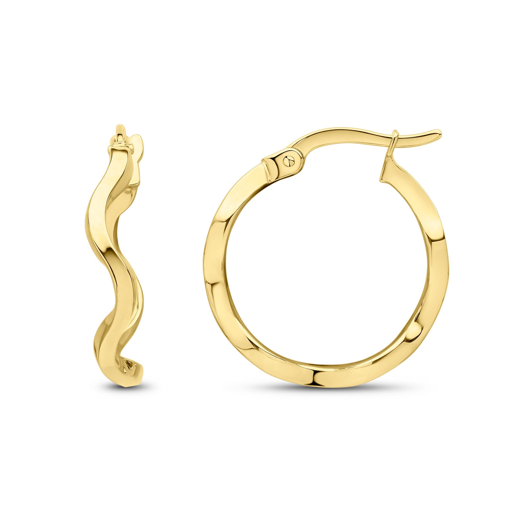 9CT YG ROUND POLISHED WAVY HOOP EARRINGS. 18MM DIAMETER