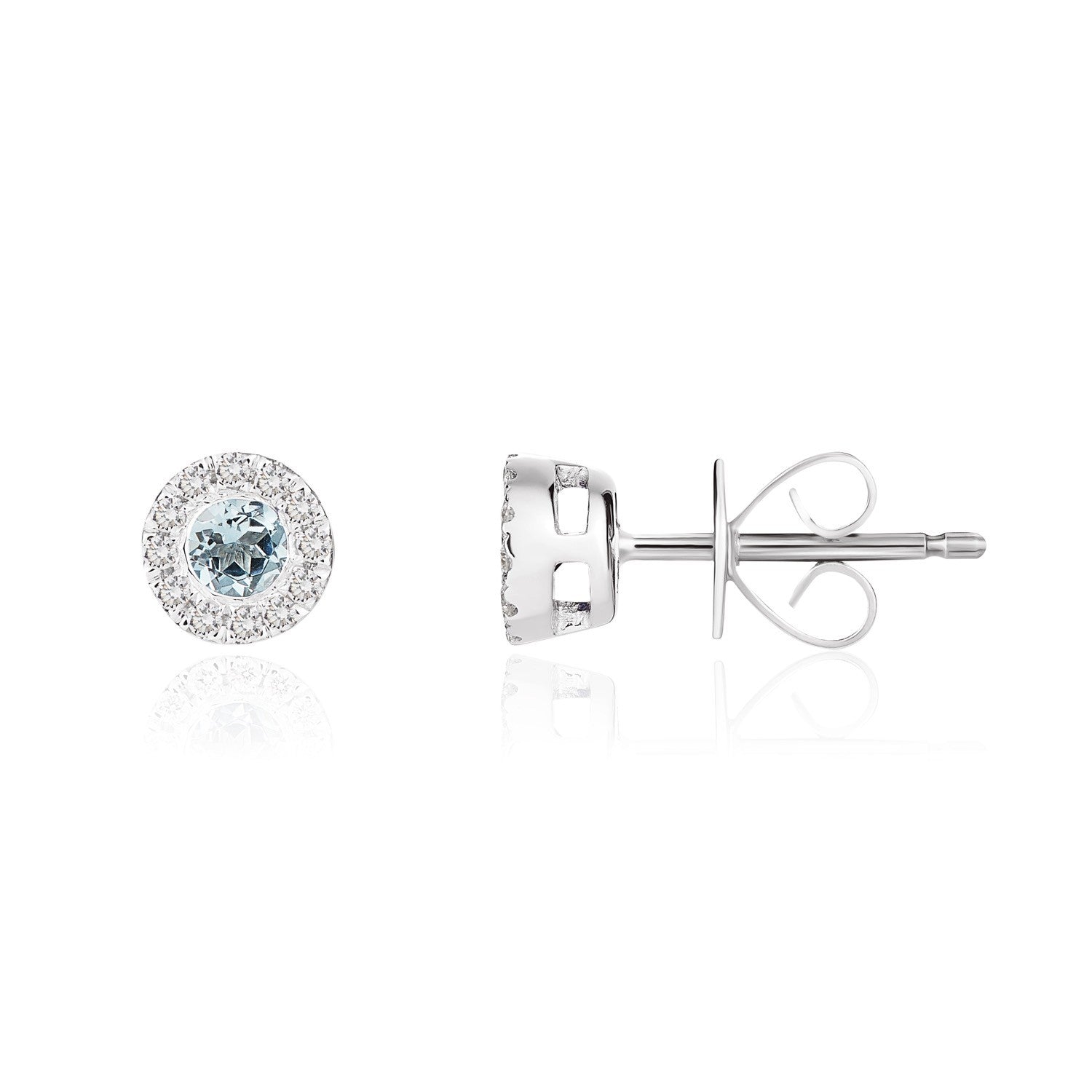 18CT WG 3MM ROUND AQUA AND DIAMOND MICROSET CLUSTER EARRINGS