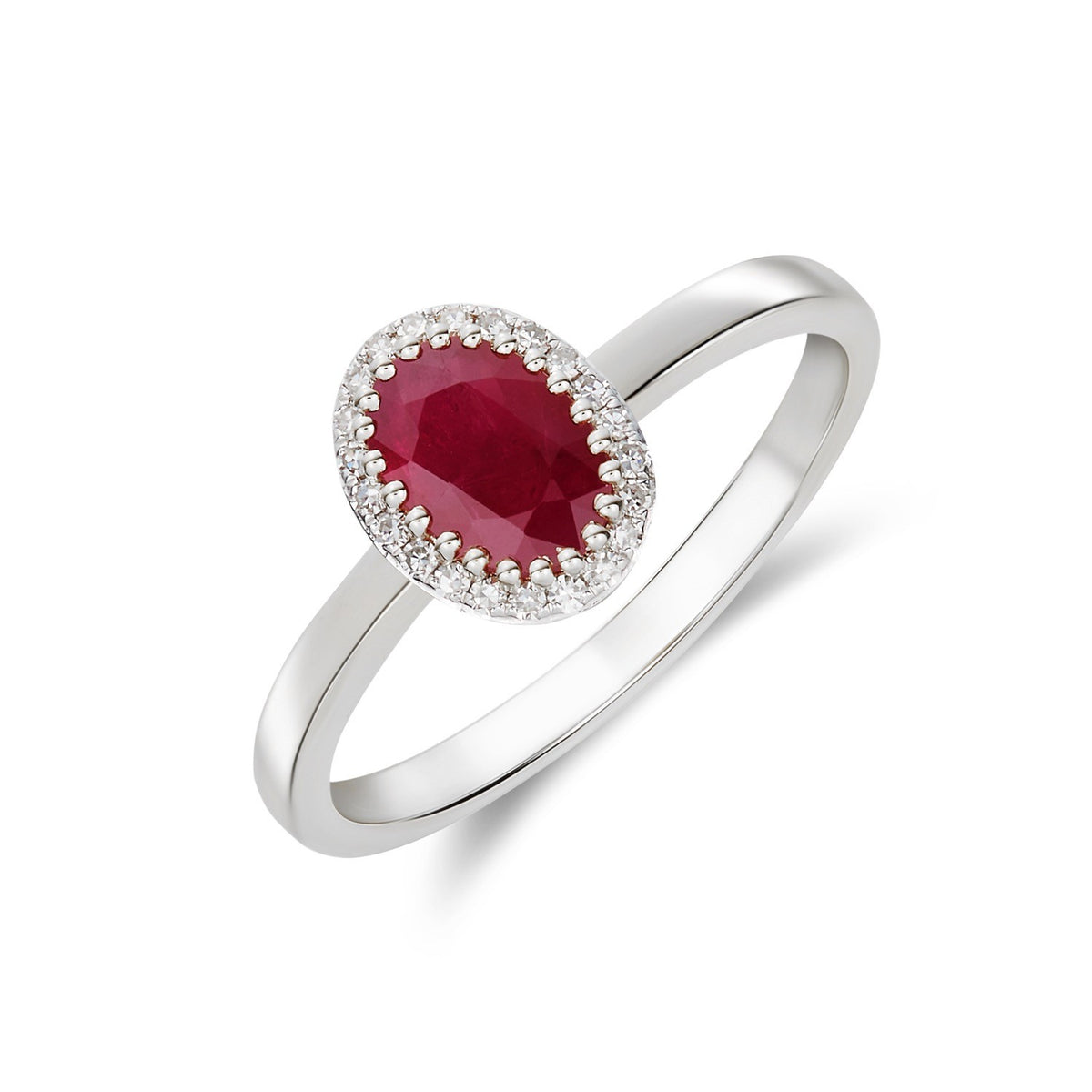 9CT WHITE GOLD OVAL RUBY AND ROUND DIAMOND CLAW SET CLUSTER RING