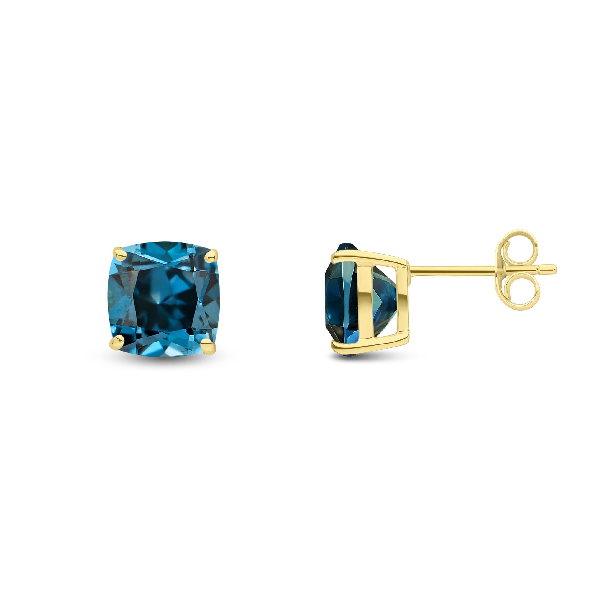 9CT YG 8MM CUSHION LONDON BLUE TOPAZ CLAW SET EARRINGS