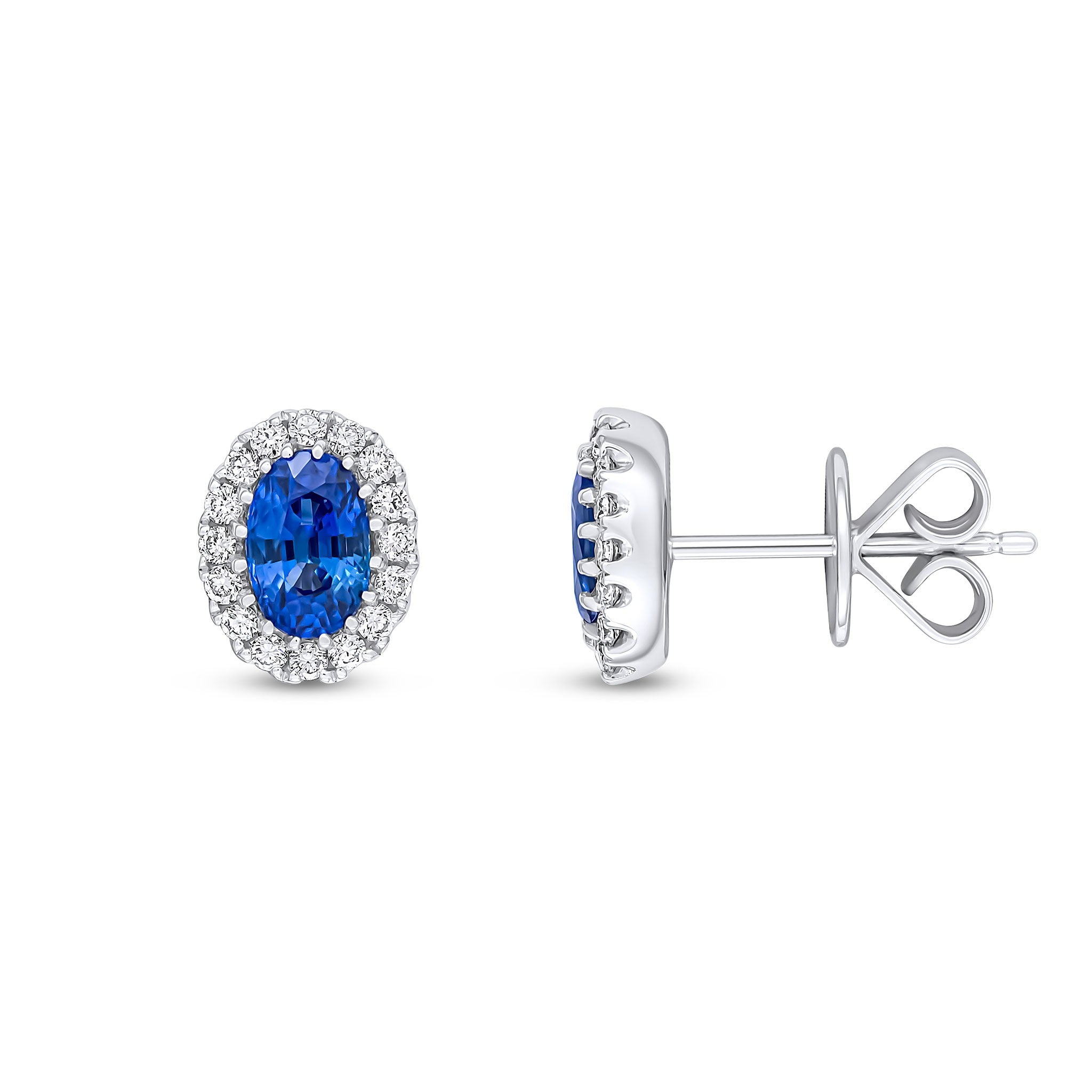 18CT WG 6X4 OVAL SAPPHIRE AND ROUND DIAMOND CLAW CLUSTER EARRINGS