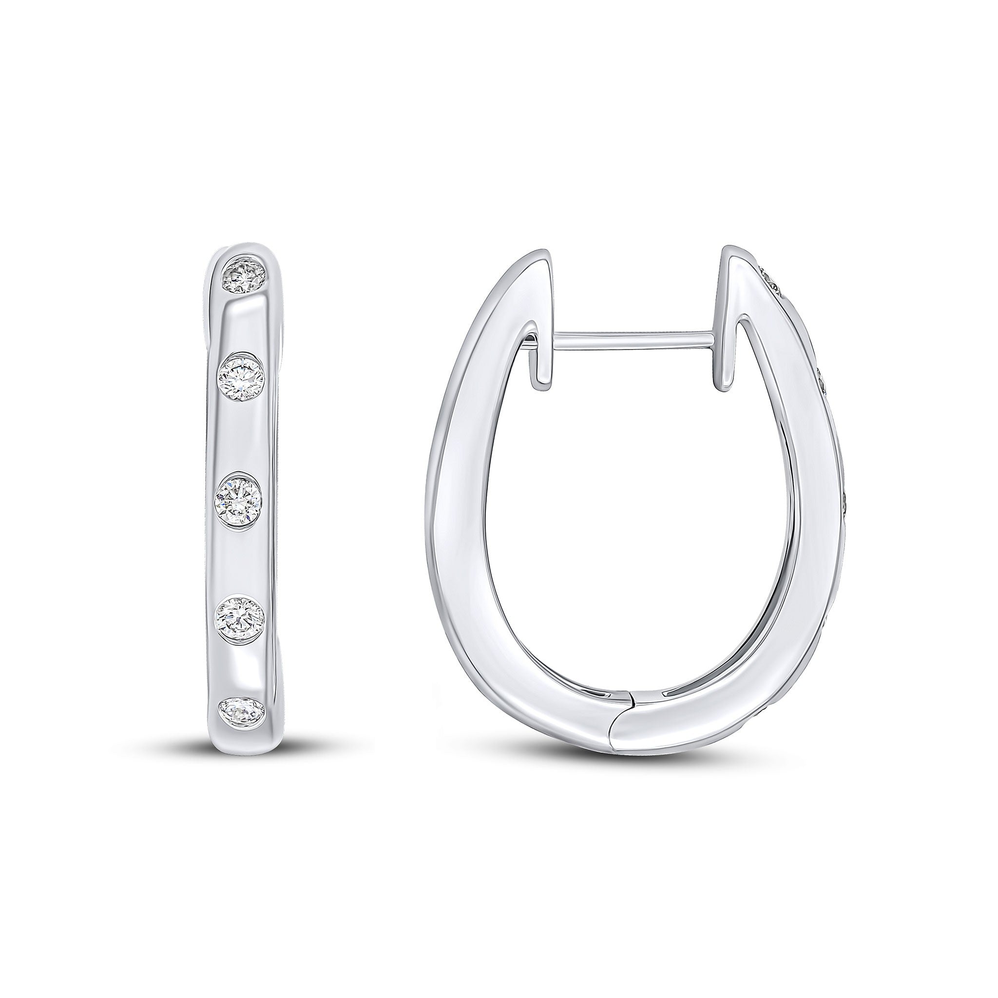 18CT WG ROUND DIAMOND FLUSH SET OVAL HINGED HUGGY HOOP EARRINGS