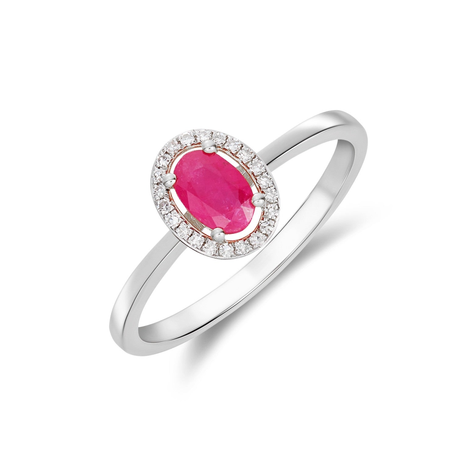 9CT WG 6X4 OVAL RUBY AND ROUND DIAMOND HALO CLUSTER RING