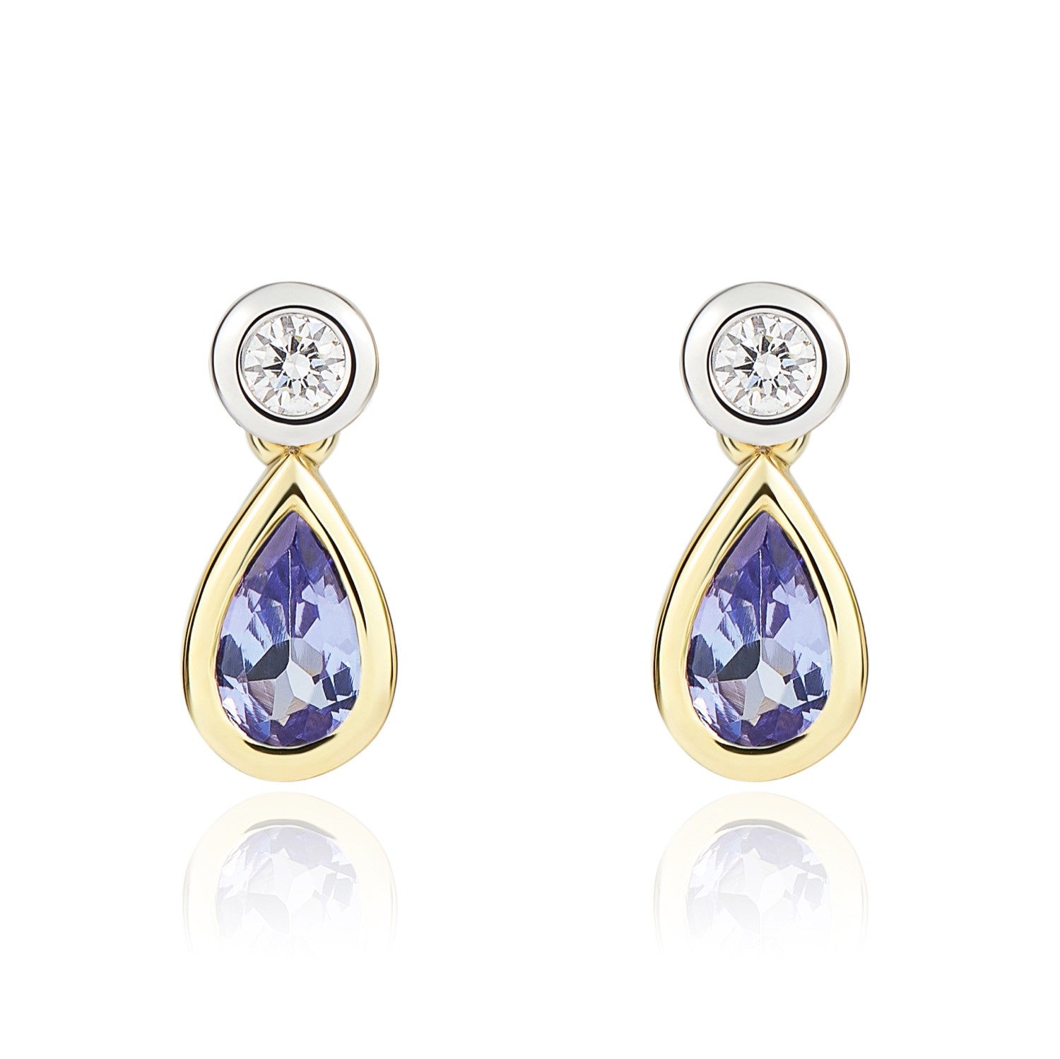 18CT YWG PEARSHAPE TANZANITE AND ROUND DIAMOND RUBOVER 2ST DROP EARRINGS