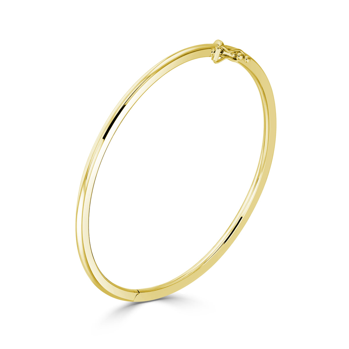 9CT YELLOW GOLD ROUND SECTION POLISHED OVAL SHAPE HINGED SOLID BANGLE