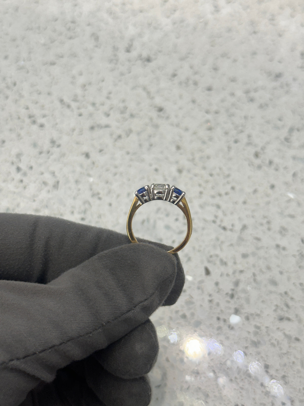 18ct Yellow Gold Platinum head Blue Sapphire & Diamond Trilogy/3 Stone Ring