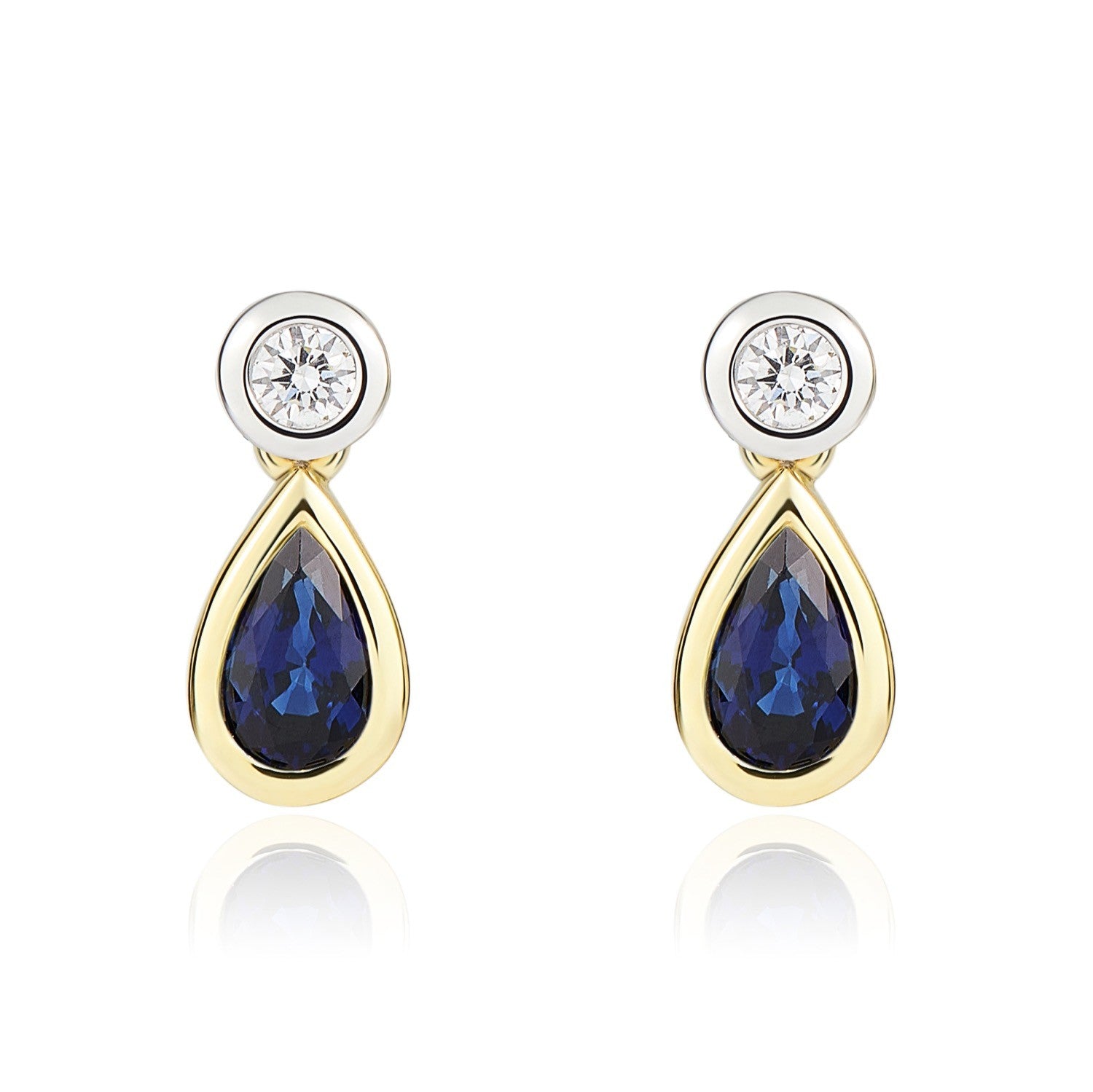 18CT YWG PEARSHAPE SAPPHIRE AND ROUND DIAMOND RUBOVER 2ST DROP EARRINGS