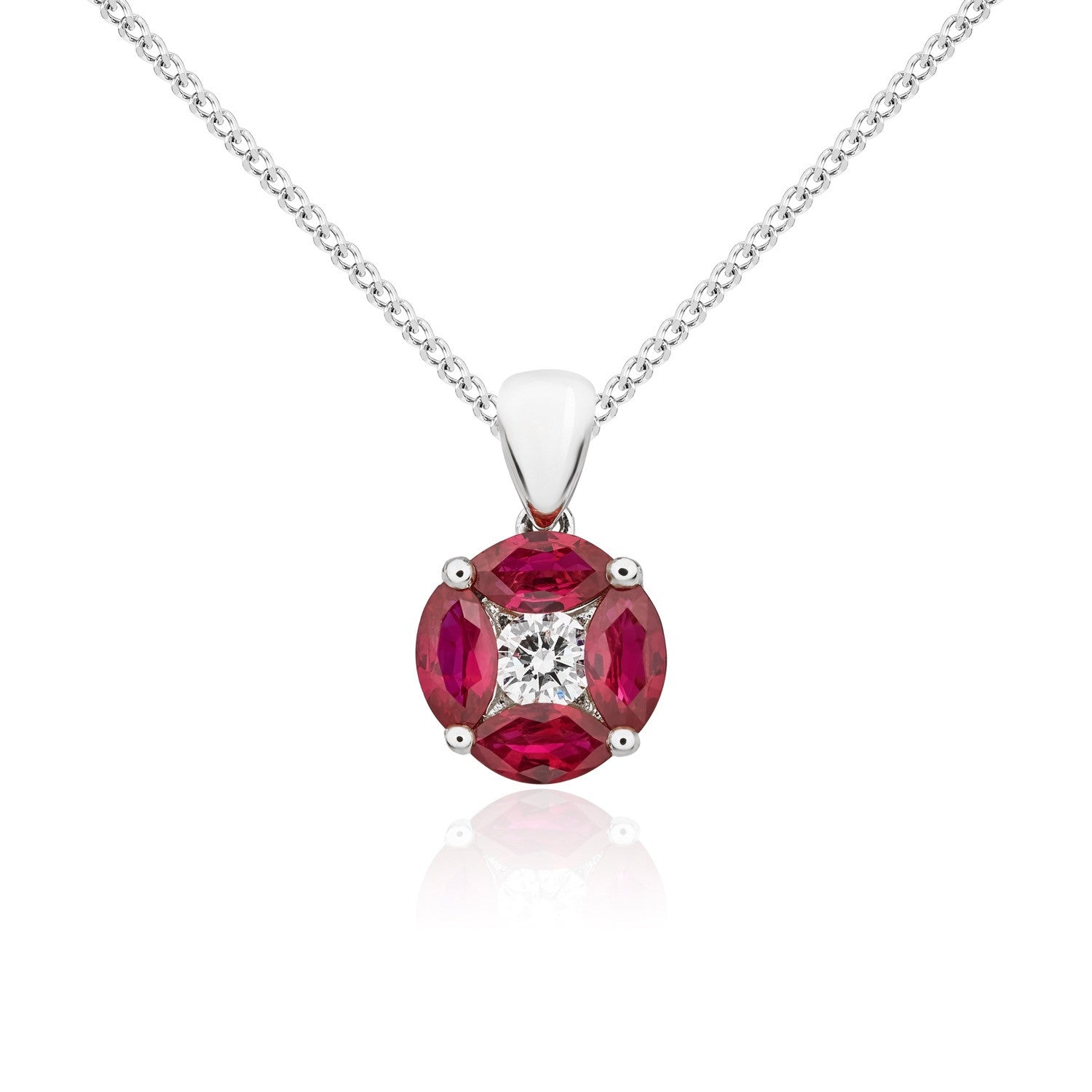 18CT WHITE GOLD MARQUISE RUBY AND ROUND DIAMOND CLAW SET ROUND CLUSTER PENDANT