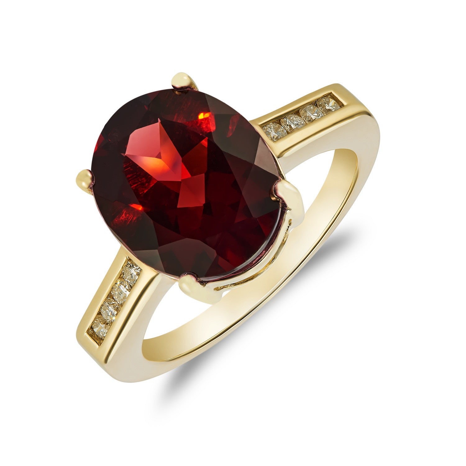 9CT YG 12X10MM CLAW SET OVAL GARNET SINGLE STONE RING WITH CHANNEL SET DIAMOND SHOULDERS