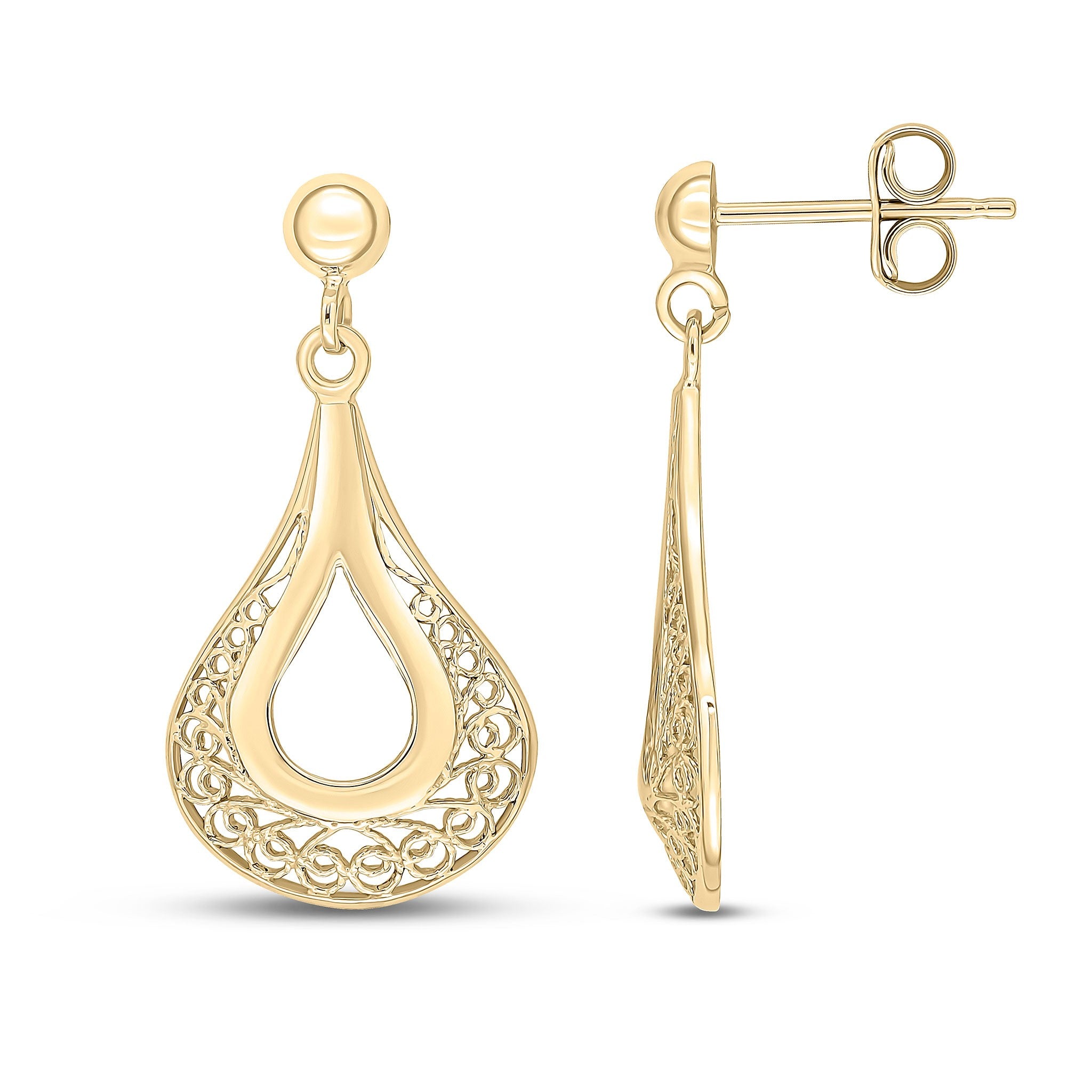 9CT YG TEARDROP FILIGREE DROP EARRINGS