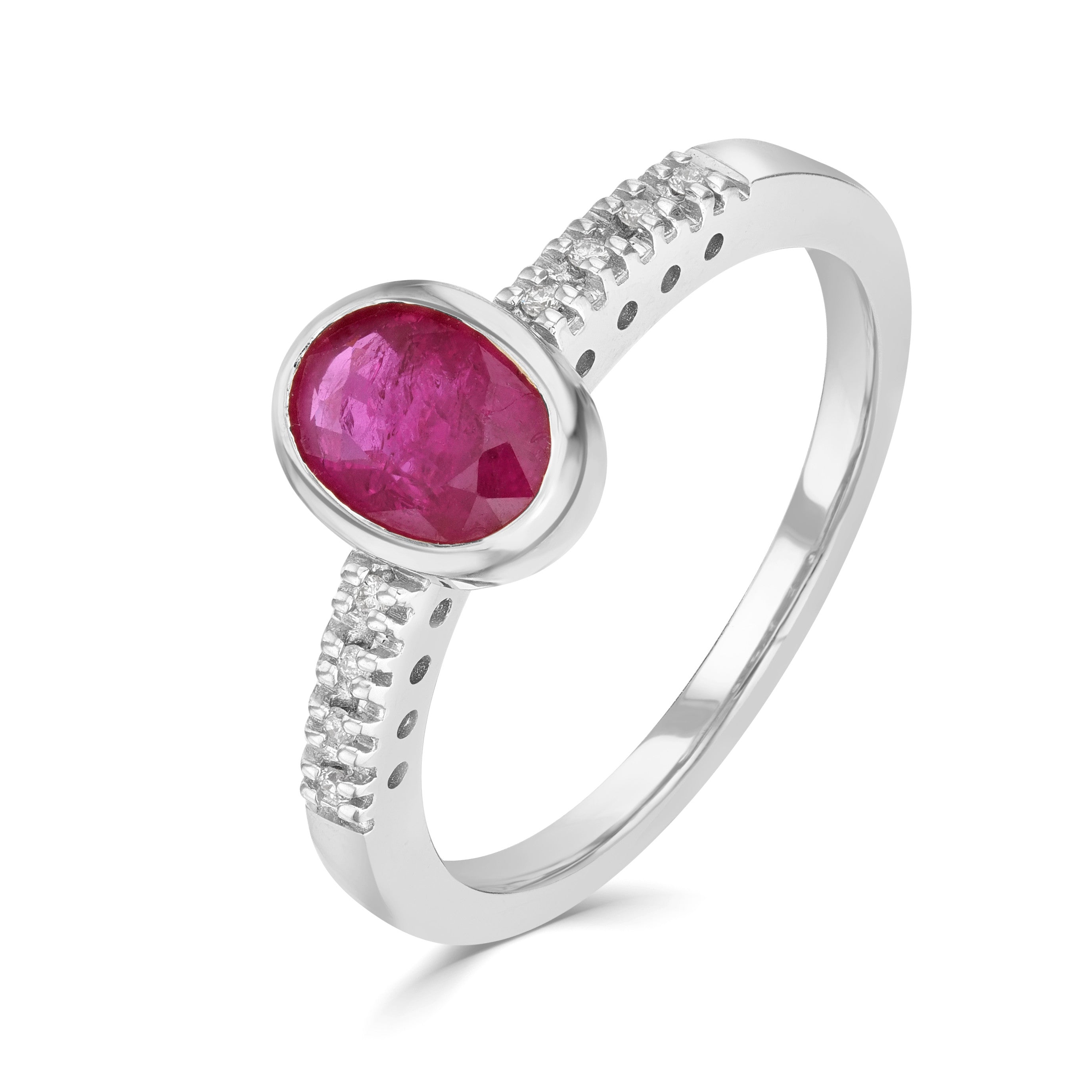 9CT WHITE GOLD OVAL 7x5 RUBOVER RUBY & DIAMOND SINGLE STONE RING