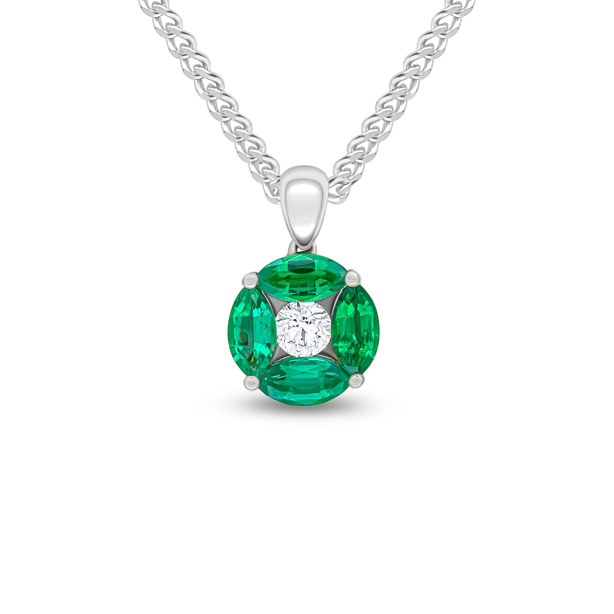 18CT WG MARQUISE EMERALD & DIAMOND REVERSE CLUSTER PENDANT
