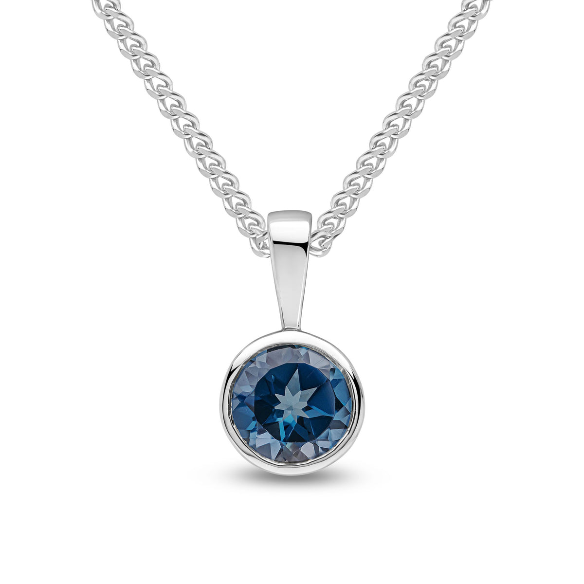 9CT WG 6MM ROUND LONDON BLUE TOPAZ RUBOVER PENDANT