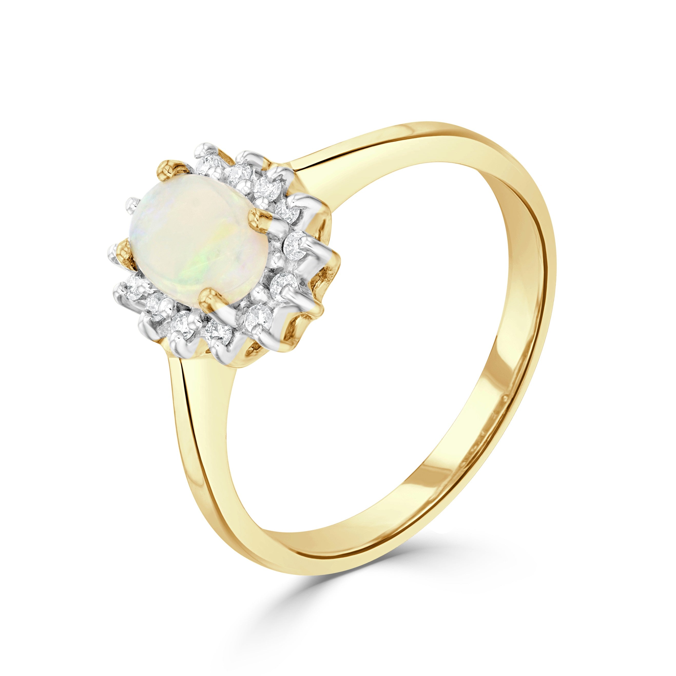 9CT YG 7X5 OVAL OPAL & DIAMOND CLAW CLUSTER RING. RHOIUM TO DIAMONDS
