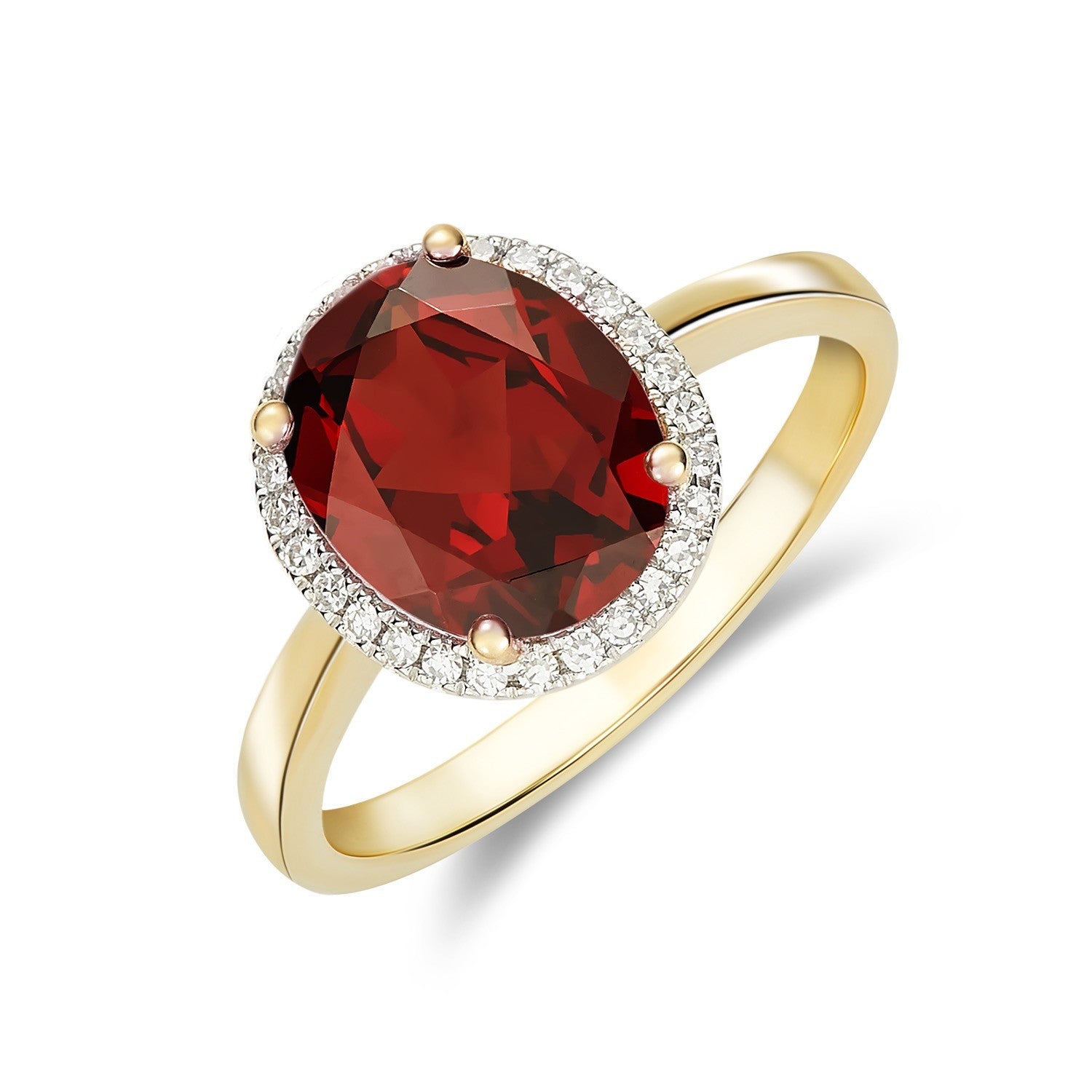 9CT YG 10X8 OVAL GARNET & DIAMOND CLAW SET CLUSTER RING. RHODIUM TO DIAMONDS