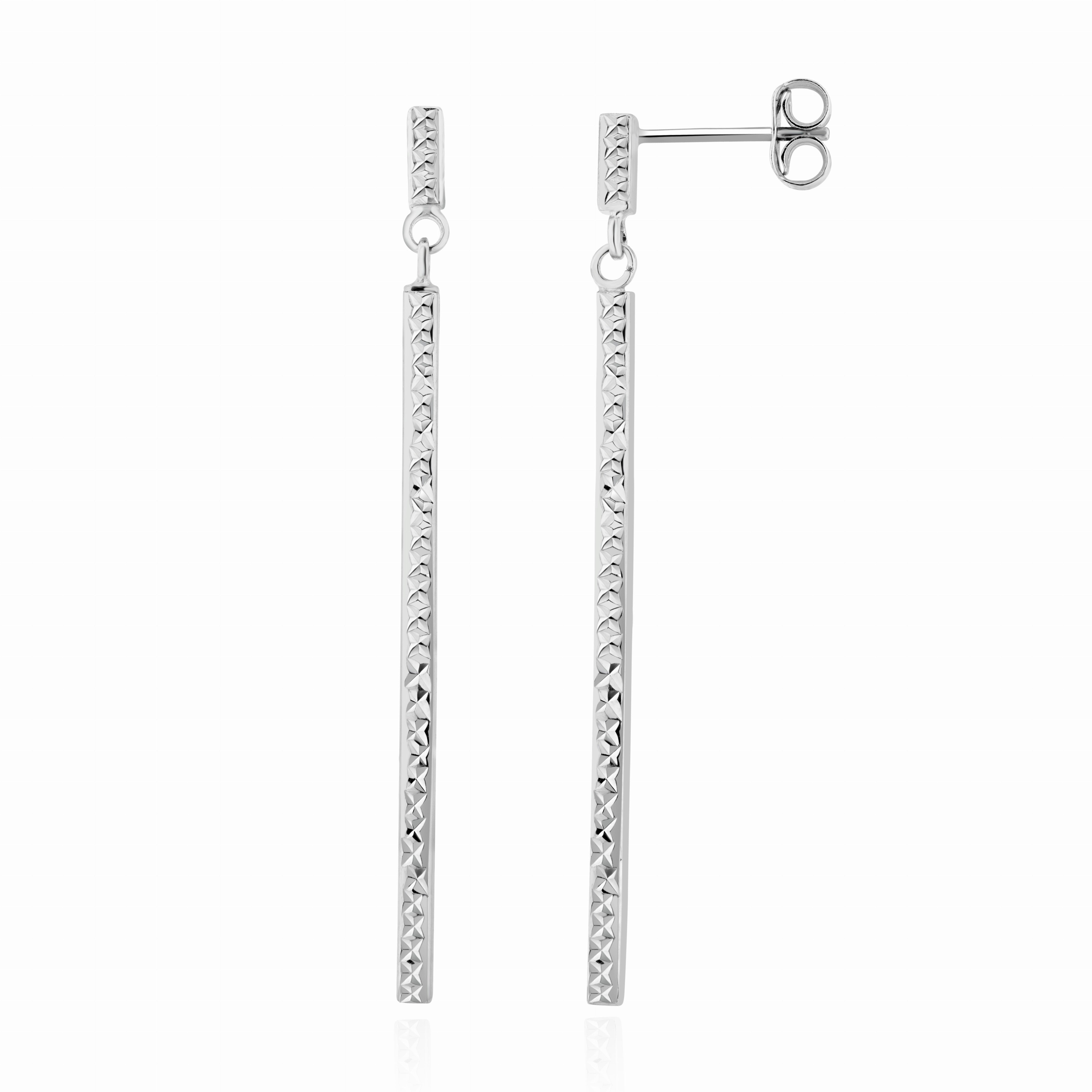 9CT WHITE GOLD ENGINE-TURNED PATTERN BAR DROP EARRINGS