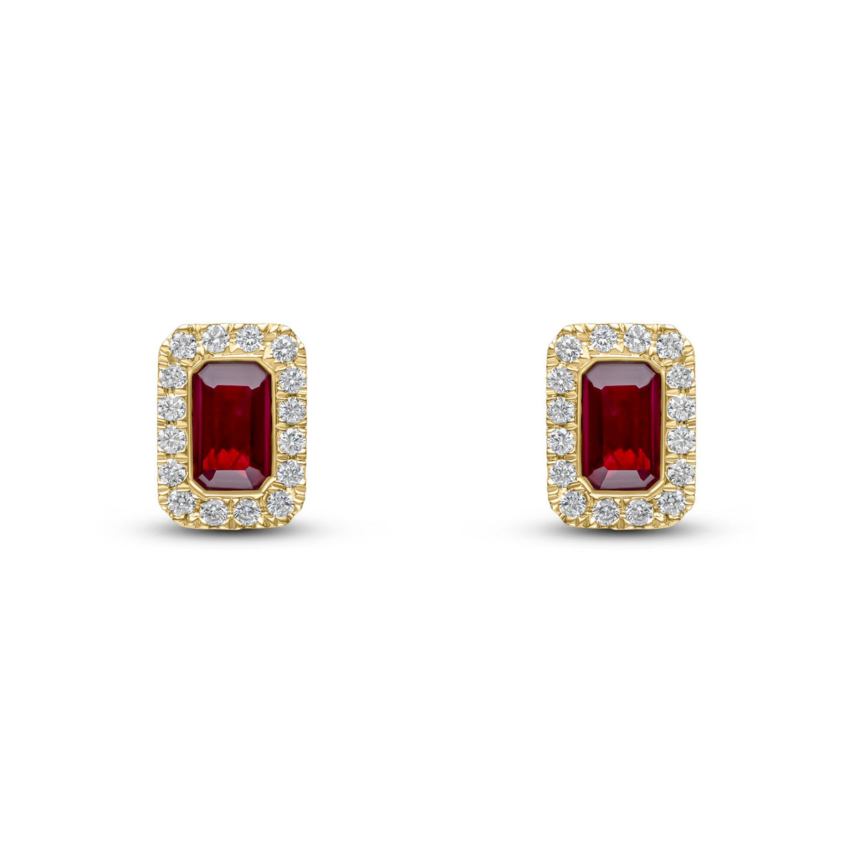 18CT YG 5X3 OCTAGON RUBY & DIAMOND MICROSET CLUSTER EARRINGS