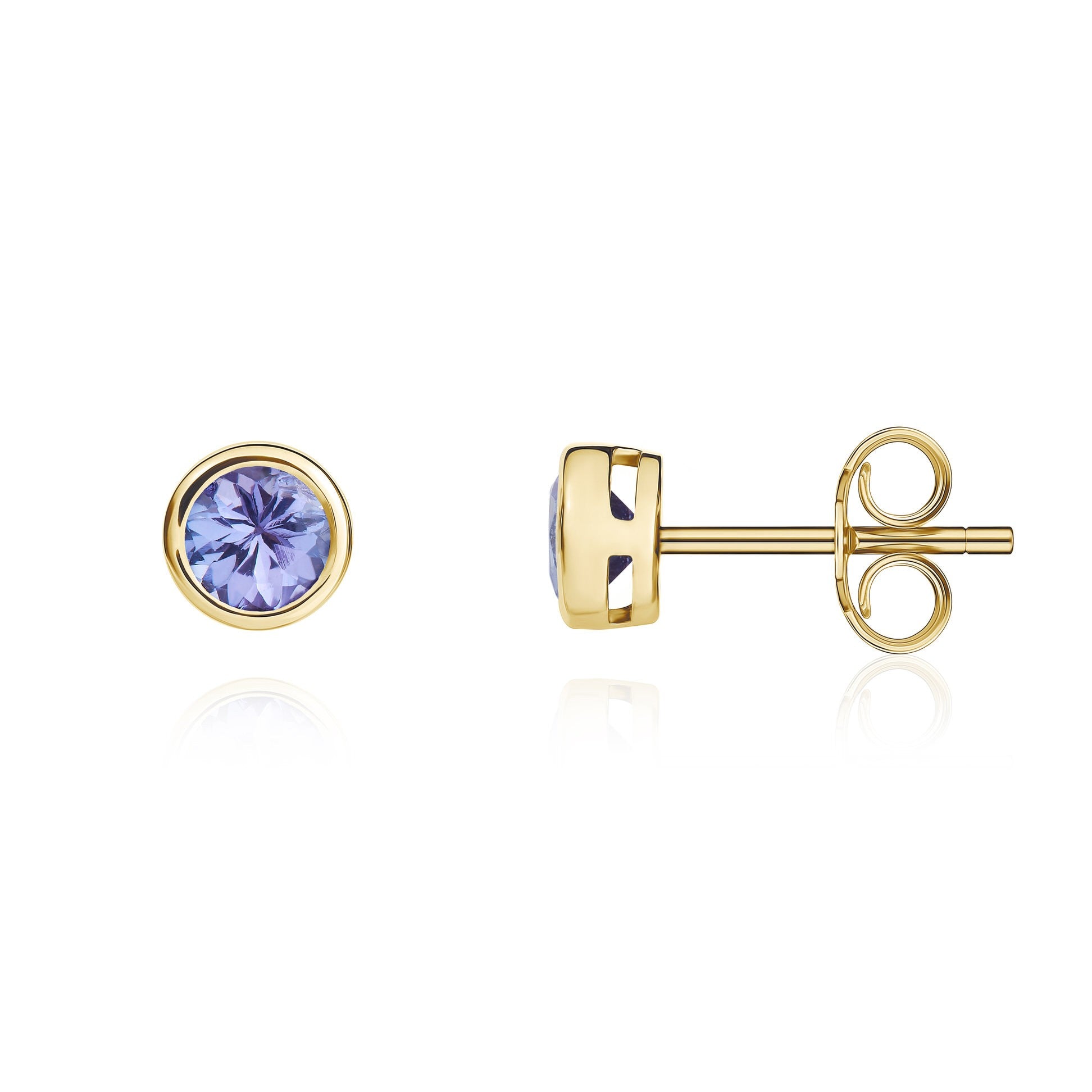 9CT YG 4MM ROUND TANZANITE RUBOVER STUD EARRINGS