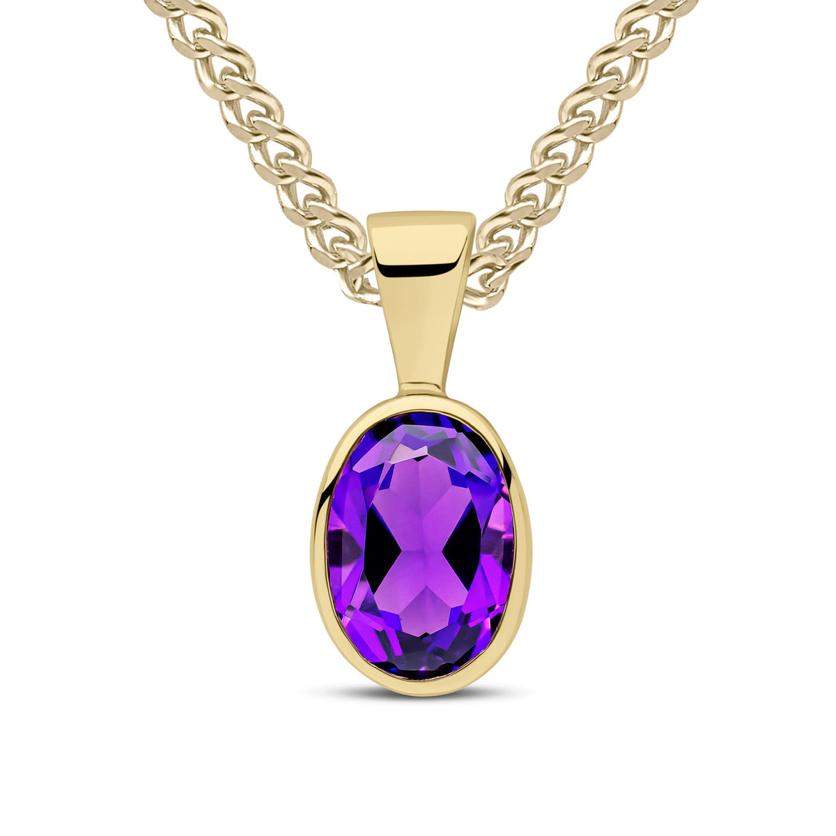9CT YG 7X5MM OVAL AMETHYST RUBOVER SET PENDANT