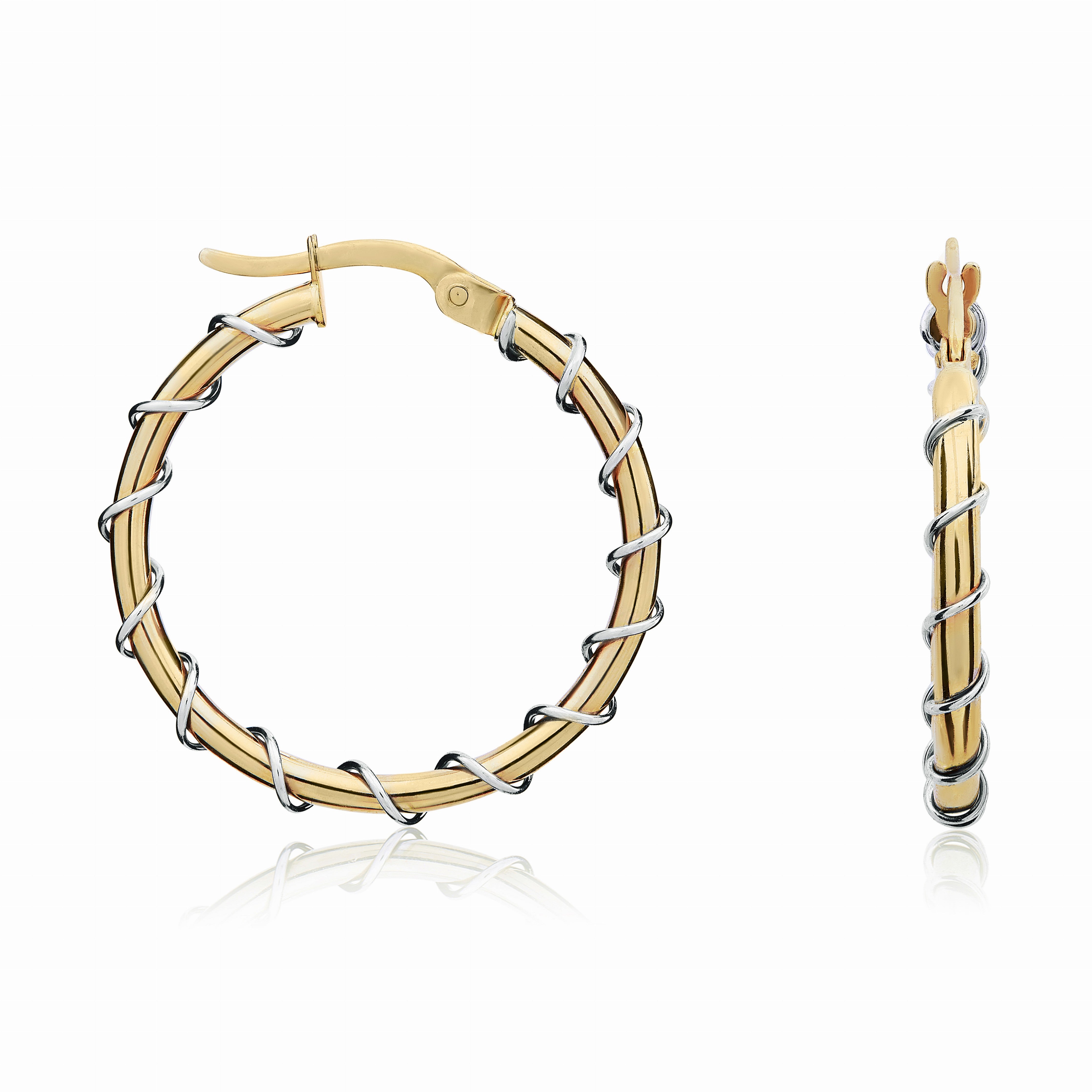 9CT YELLOW GOLD ROUND HOOP EARRINGS WITH WHITE GOLD WIRE TWIST