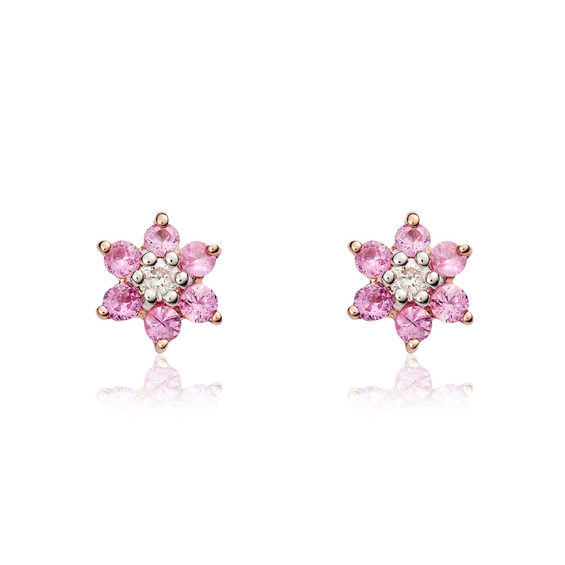 9CT RG ROUND PINK SAPPHIRE AND DIAMOND CLAW SET REVERSE CLUSTER EARRINGS