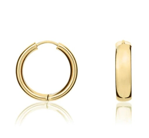 9CT YELLOW GOLD POLISHED ROUNDED FLAT 5MM WIDE HUGGY EARRINGS. 20MM OUTER DIAMETER