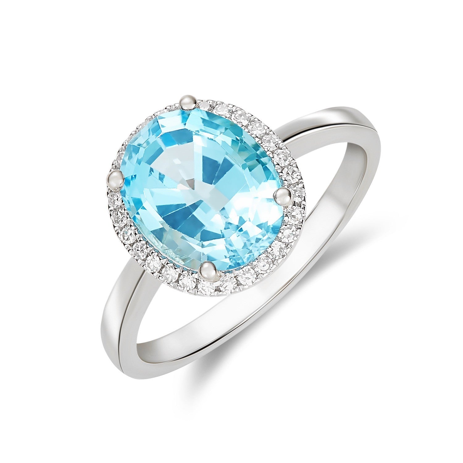 9CT WG 10X8 OVAL SWISS BLUE TOPAZ AND DIAMOND CLAW SET CLUSTER RING