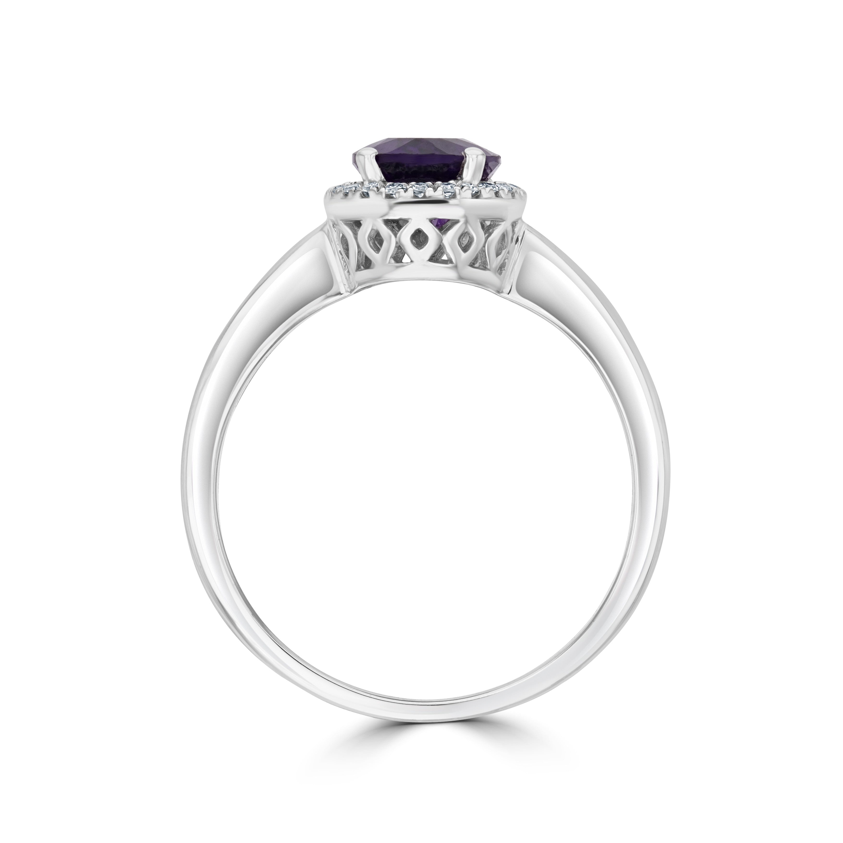 9CT WG 8X6 OVAL AMETHYST & DIAMOND CLAW SET CLUSTER RING