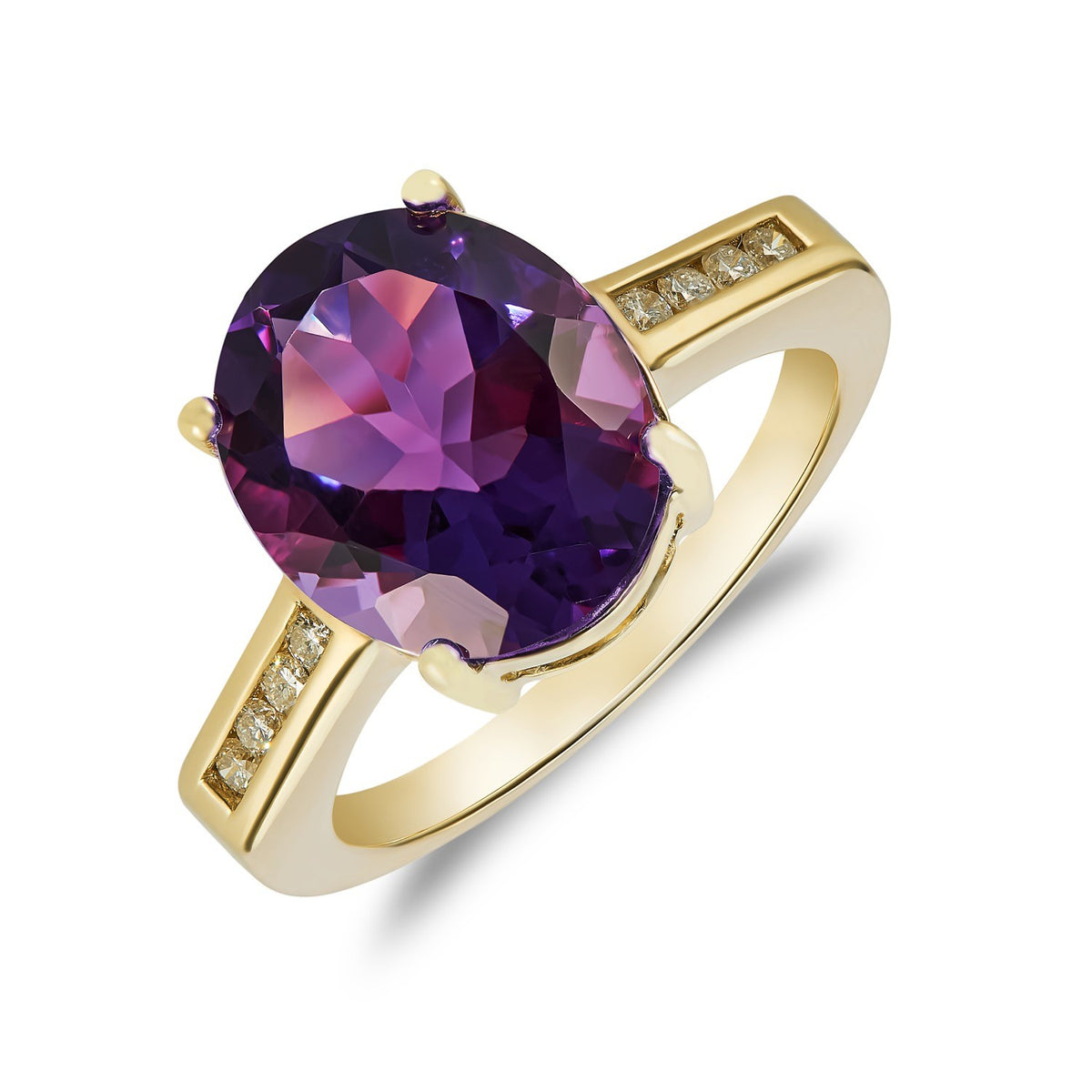 9CT YG 12X10MM CLAW SET OVAL AMETHYST SINGLE STONE RING WITH CHANNEL SET DIAMOND SHOULDERS