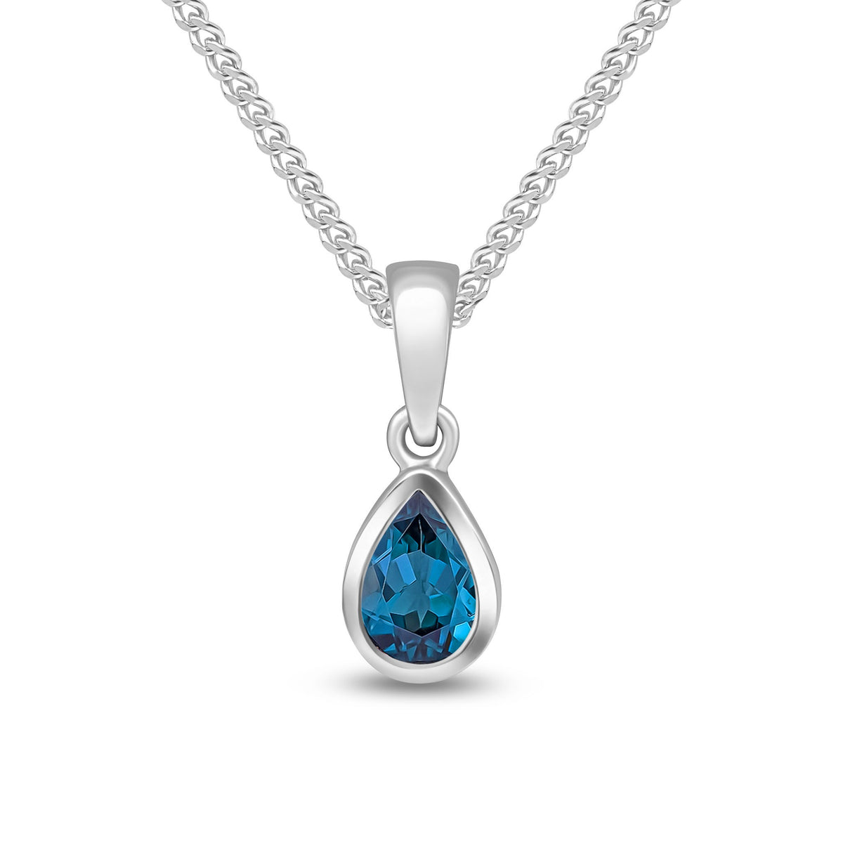 9CT WG 6X4 PEARSHAPE LONDON BLUE TOPAZ RUBOVER SET PENDANT